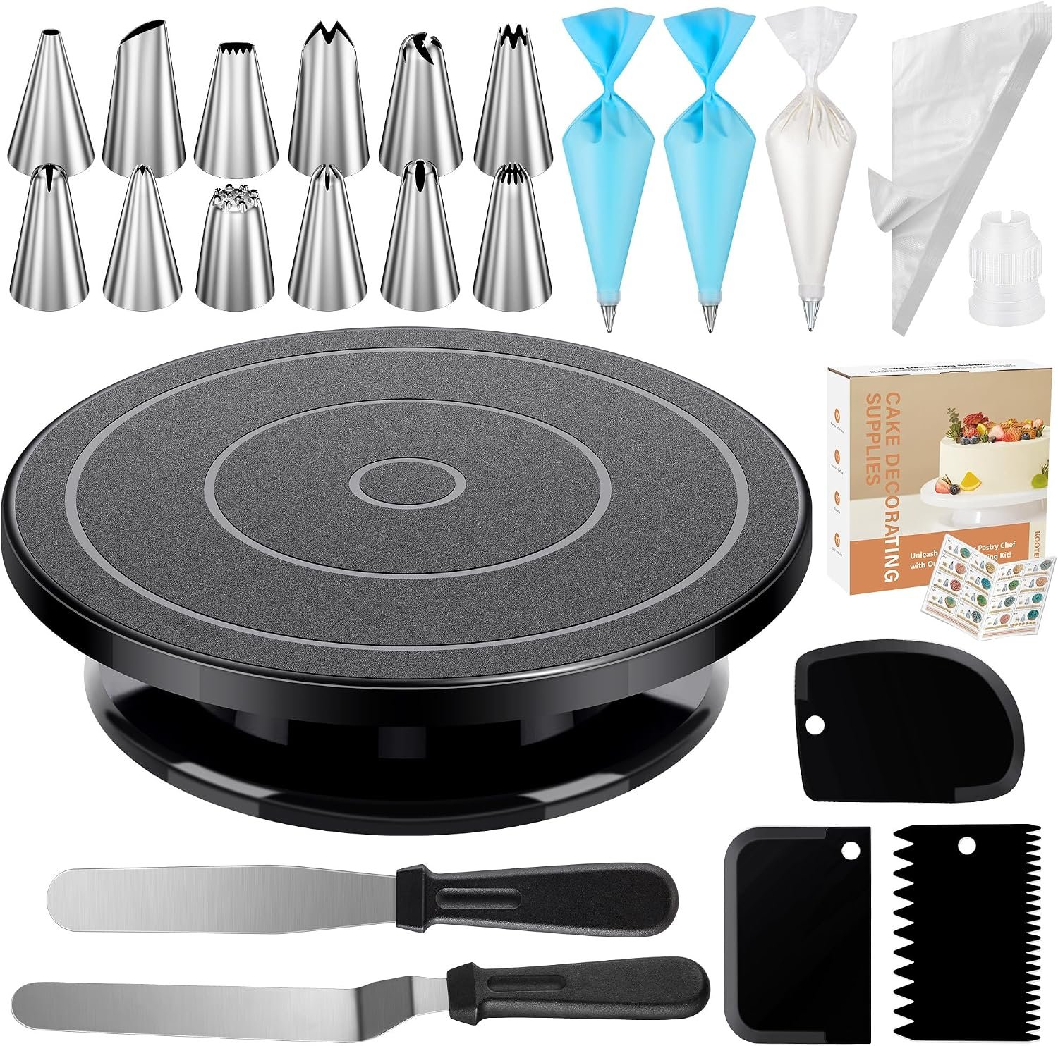 Kootek 71 Cake Decorating Kit Baking Supplies Tools for Beginners & Pros | Cake Stand Turntable, Icing Piping Tips, Disposable Reusable Pastry Bag, Spatulas, Video Tutorial, Pattern Chart