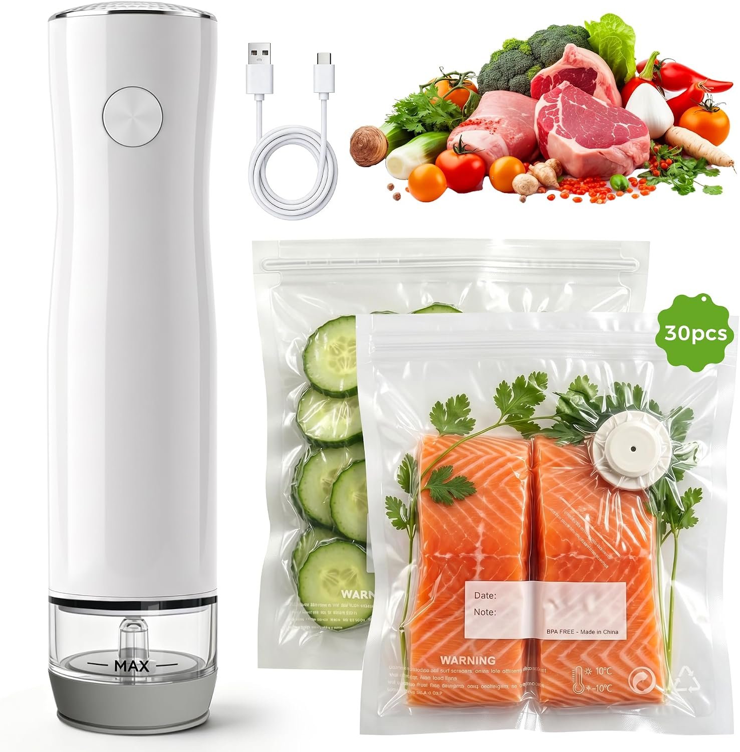 Handheld Vacuum Sealer Portable, Compact Vacuum Sealer for Food with 30 Reusable Bags – Food Saver for Sous Vide, Travel, Leftovers & Dry Foods, 6X Longer Freshness, One-Touch Operation