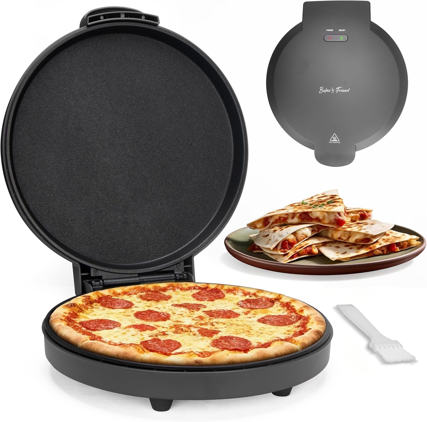 Baker’s Friend Countertop Pizza Maker Electric, 12 Inch Pizza Maker Machine for Home, Quesadilla Maker, Non-stick Cooking Plates,Horno Para Pizza, 1400W, Graphite