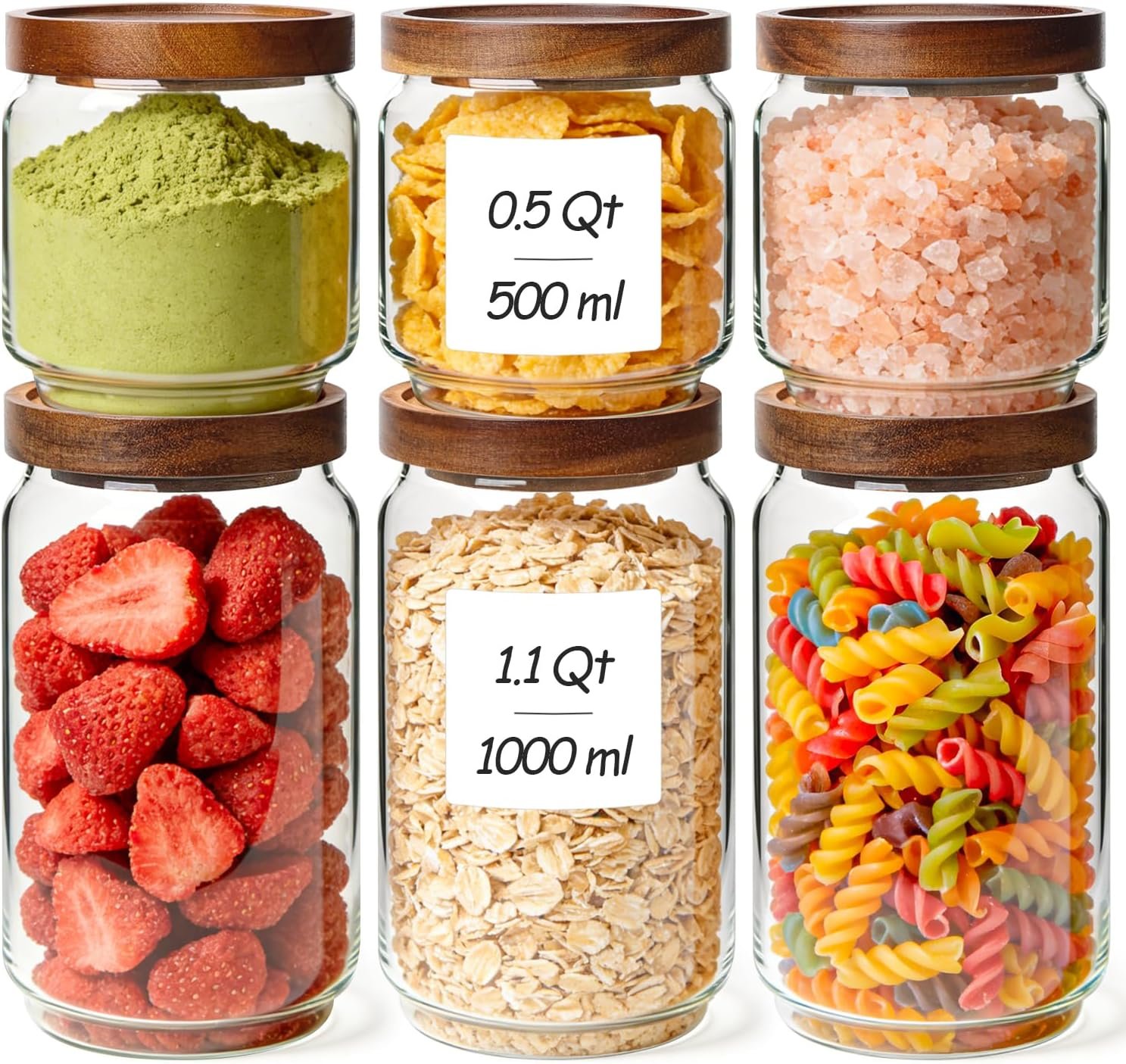 ComSaf Glass Pantry Storage Container with Acacia Wood Lids 1.1/0.5Qt 6Pack | Food Canister for Cooks, Oats Coffee Sugar Nuts Snacks Tea Candy, Pantry Kitchen Living Room, Stacked Design, Jar with Labels