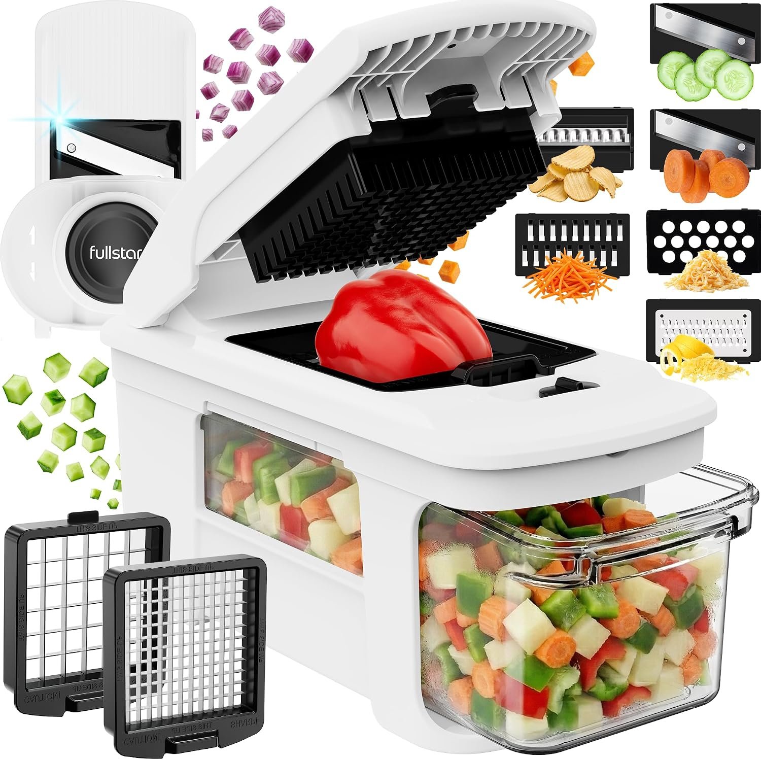Fullstar Pro XL Vegetable Chopper & Mandoline Slicer w Pull-Out Catch Tray | 8 in 1 Veggie, Onion & Fruit Slicer, Dicer & Grater with Sharp Stainless Steel Blades – XL Food Prep Set (White)