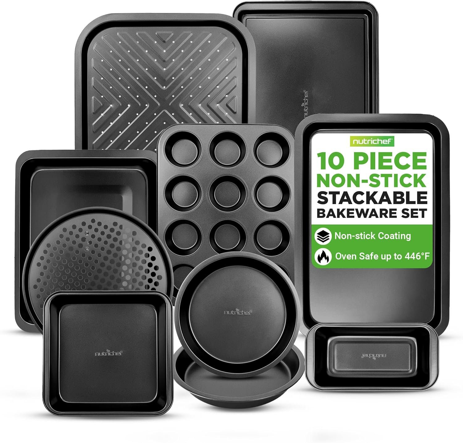 NutriChef 10-Piece Non-Stick Baking Set – Heavy-Duty Carbon Steel Bakeware Set w/ Cookie Sheets, Muffin Pan, Roasting Pan, Cake Pan, Baking Tray, Pizza Pan – Effortless Food Release & Easy Cleanup