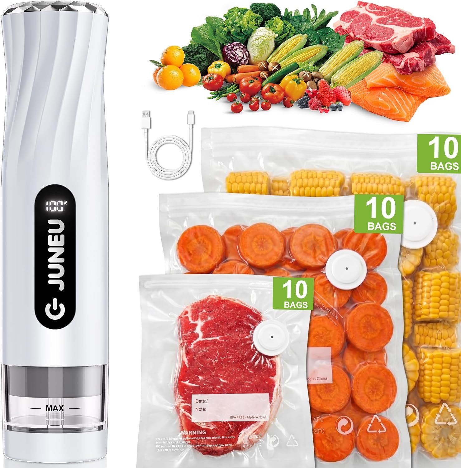 JUNEU Handheld Food Vacuum Sealer + 30 Reusable Bags – for Home Kitchen Use | Dry/Moist Food Use, 65kPa Suction Power, Liquid Ingress Protection, Visible Water Tank, Rechargeable 1800mAh Battery