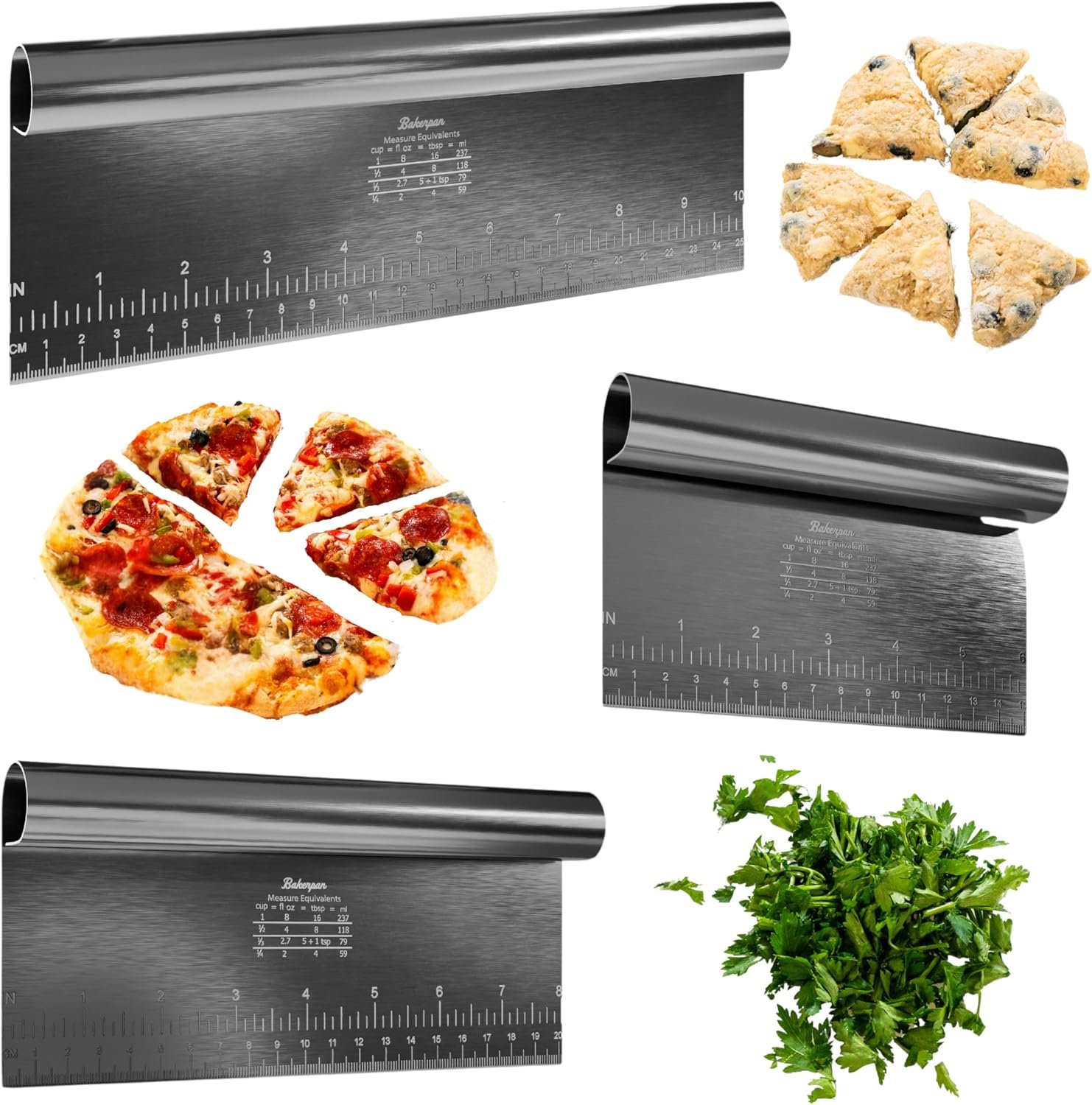 Bakerpan Stainless Steel Heavy Duty Dough Cutter, 3 Size Set – Metal Bench Scraper Kitchen Utensils, Chopper, Pizza and Pastry Cutter Tool, 10, 8, 6 Inch