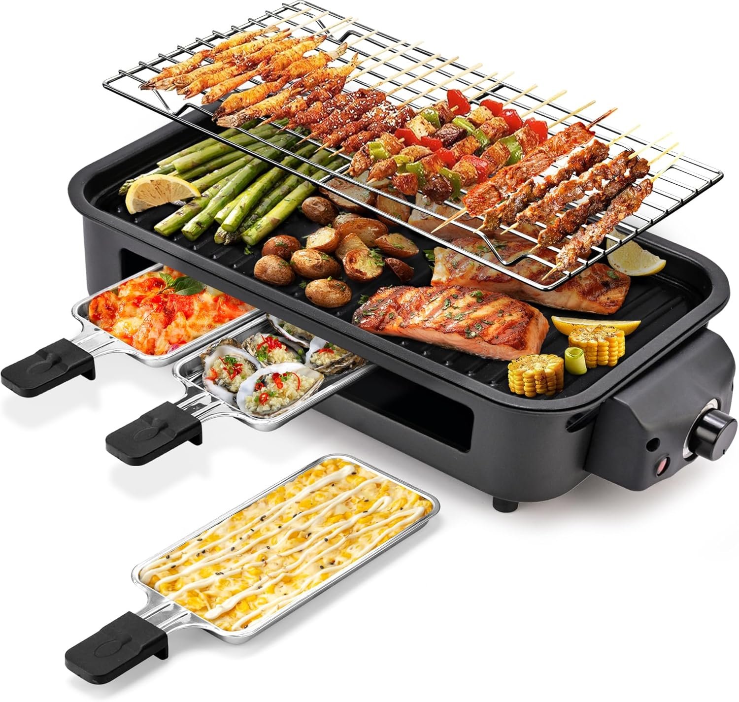 Pukomc Electric Indoor Grill,2 in 1 Indoor Grills for Kitchen | Smokeless Grill Net & Non-Stick Cooking Removable Plate,Temperature Control,Dishwasher Safe,1700W Black