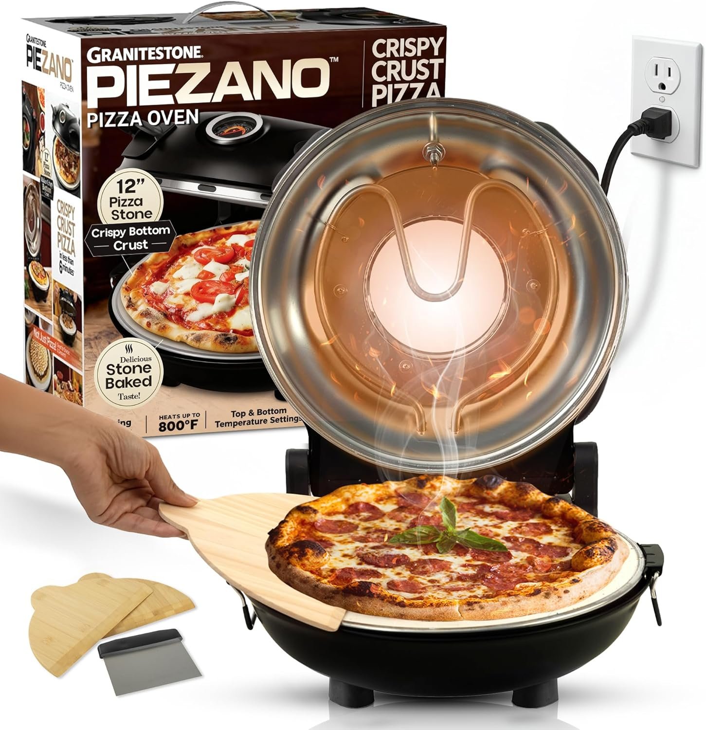 PIEZANO 12″ Electric Pizza Oven Indoor Countertop Pizza Maker | Heats to 800˚F, Ceramic Stone for Crispy Crust Pizza, Cooks in Under 6 Minutes, Dual Heat Controls, Peels & Scraper Included