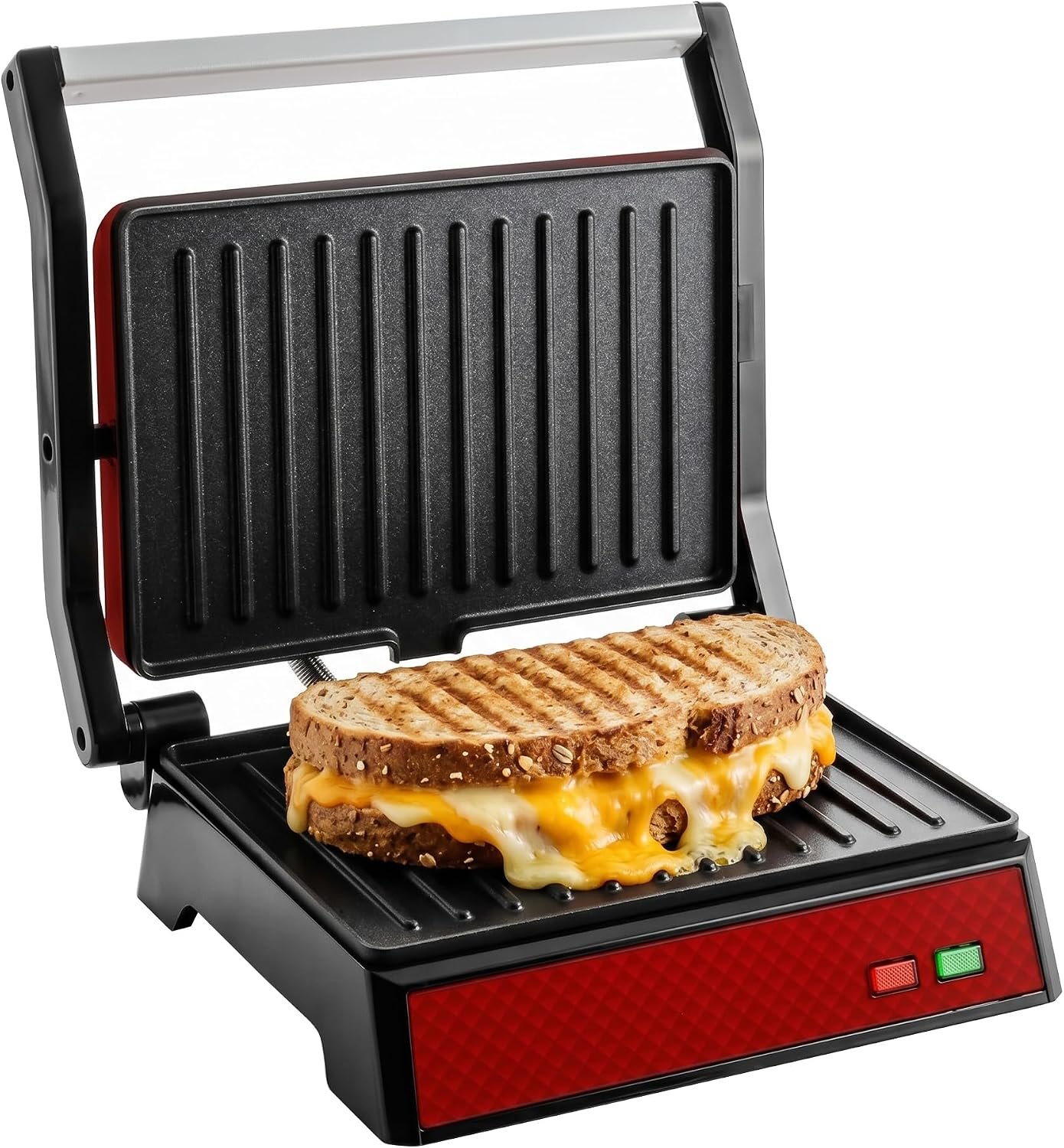 OVENTE Electric Indoor Panini Press Grill + Sandwich Maker, Red GP0620R | Opens 180 Degrees to Fit Any Type or Size of Food, 1000W Indoor Cooking Perfect for Quesadillas, Burgers & More