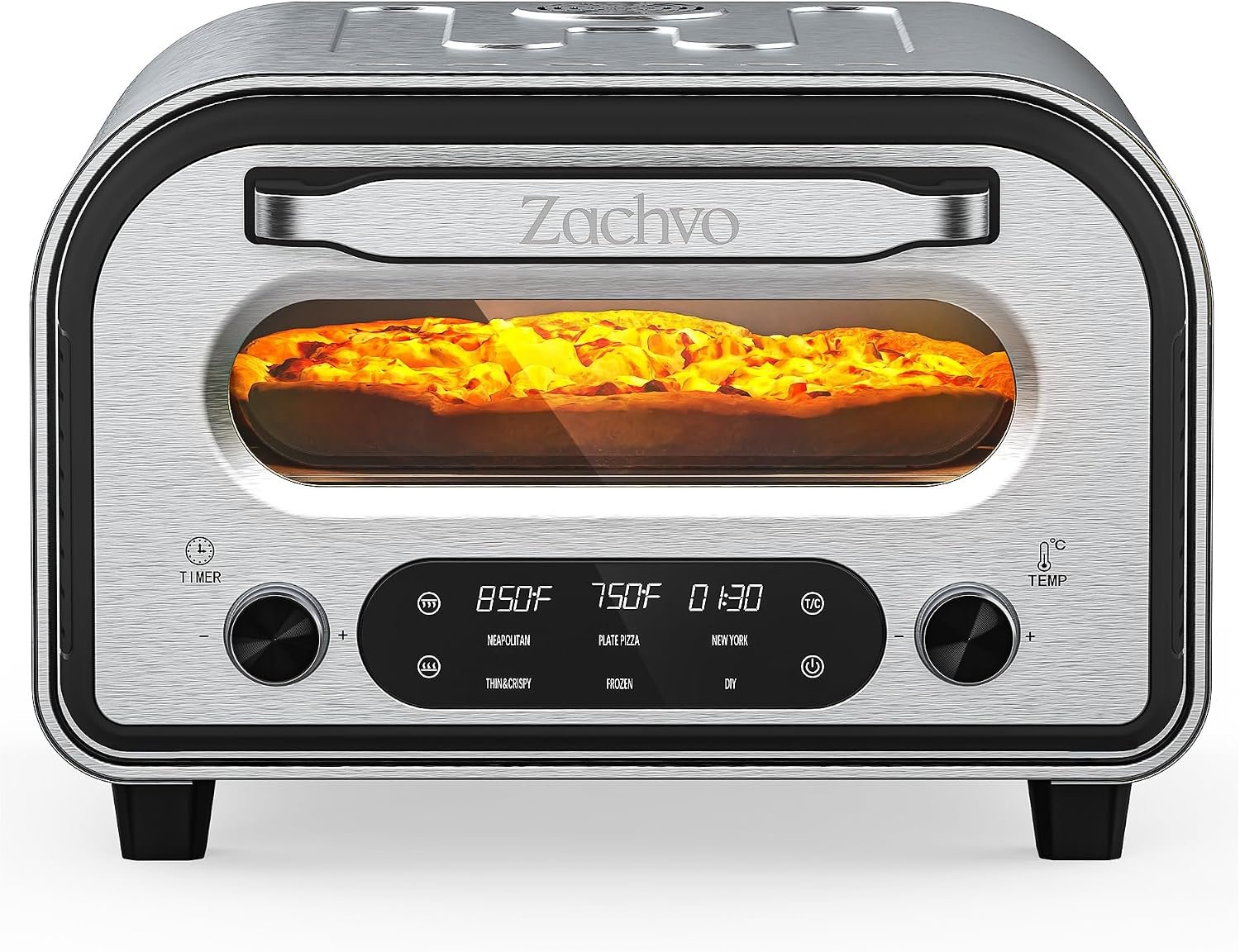 Countertop Electric Pizza Oven with PID Top and Bottom Temp Control, Silver | 90-Second 12-Inch Pizza, 850°F Indoor Use, 6 Presets with DIY, Dual Knobs for Time & Temp, Always-On Light for Pizza Nights