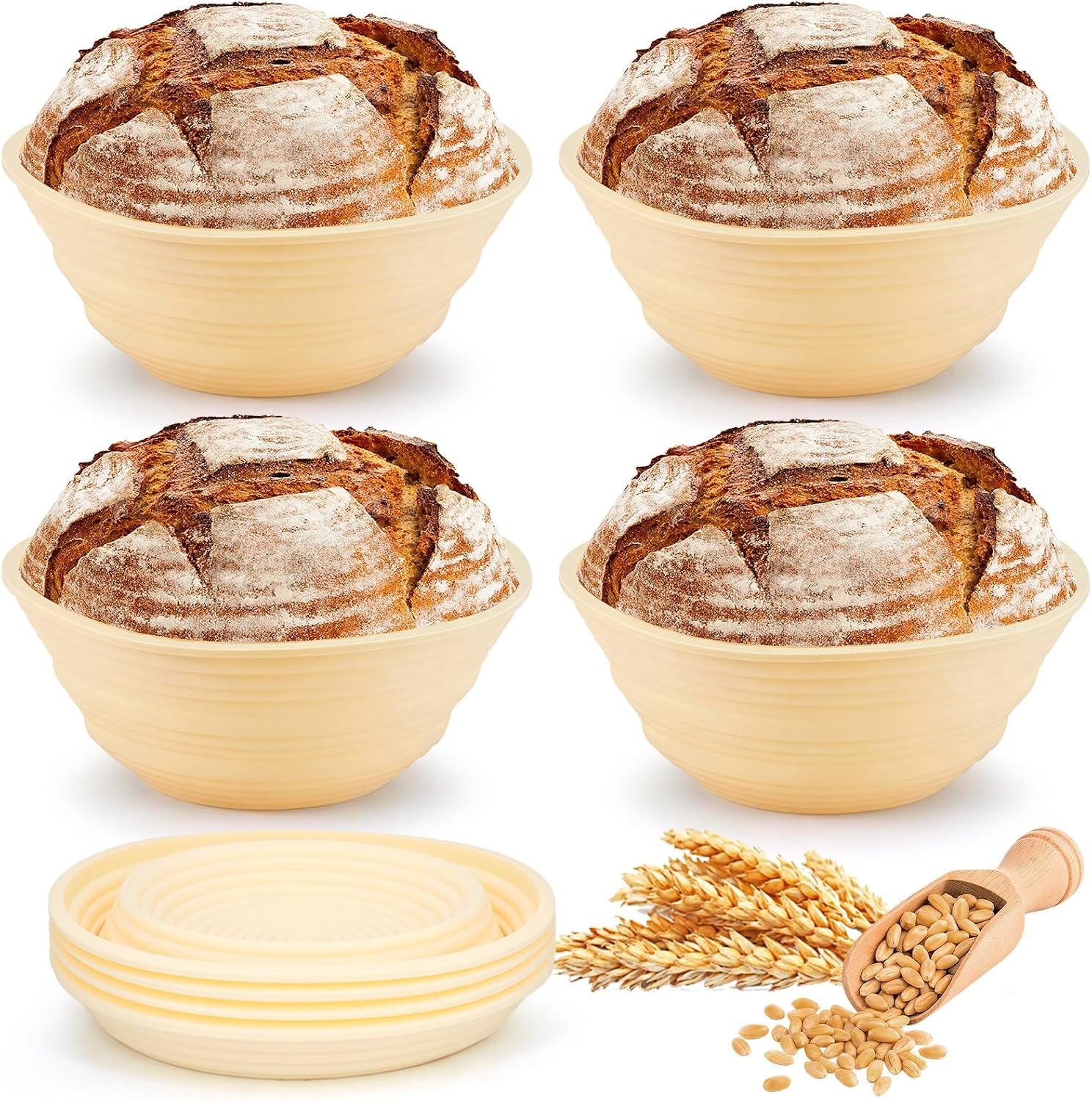 4PCS Silicone Banneton Bread Proofing Baskets, 9″ Collapsible Round Sourdough Bread Baking Supplies, Non-Stick Dough Proofing Bowl Containers, Oven & Dishwasher Safe, BPA Free
