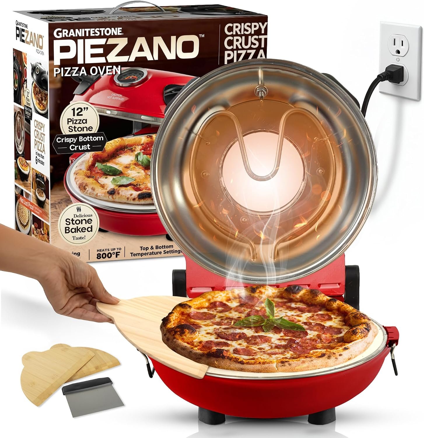 PIEZANO Crispy Crust Pizza Oven by Granitestone – 12 Inch Electric Pizza Oven Indoor Countertop Maker with Ceramic Stone Heats up to 800˚F for Delicious Stone Baked Pizzeria Style Pizza at Home