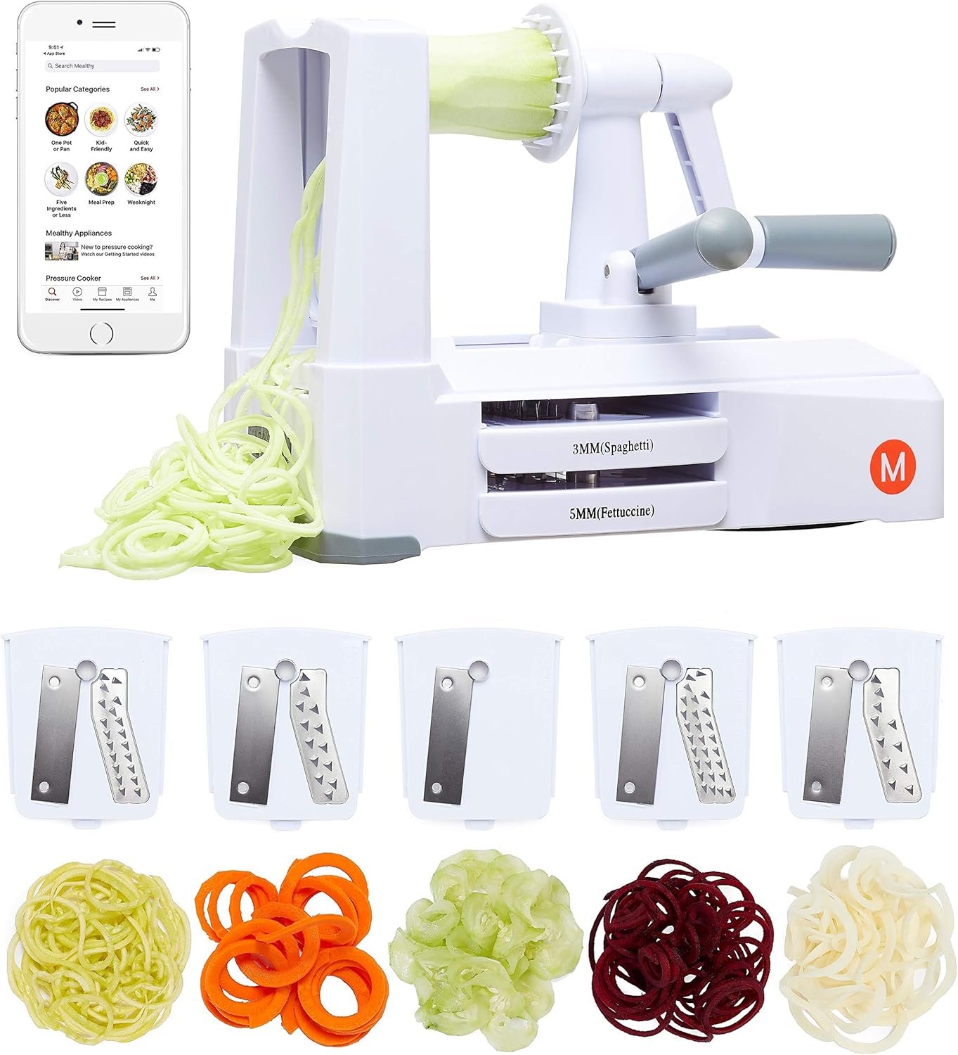 5-Blade Spiralizer | Vegetable Slicer with Durable Stainless Steel Blades | Kitchen Cooking Tool | Spiral Zoodle Maker with Catch & Store Container | Includes iOS & Android Recipe & Video App
