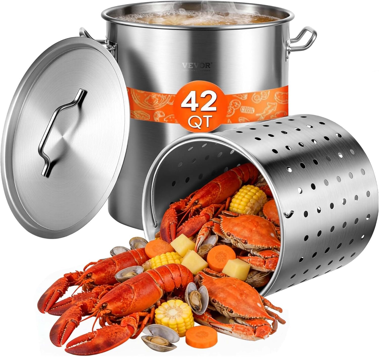 VEVOR Stainless Steel Stockpot, 42 Quart Large Cooking Pots, Cookware Sauce Pot with Strainer, Lid, and Handle, Heavy Duty Commercial Grade Stock Pot, Sanding Treatment, for Large Groups Events Silver