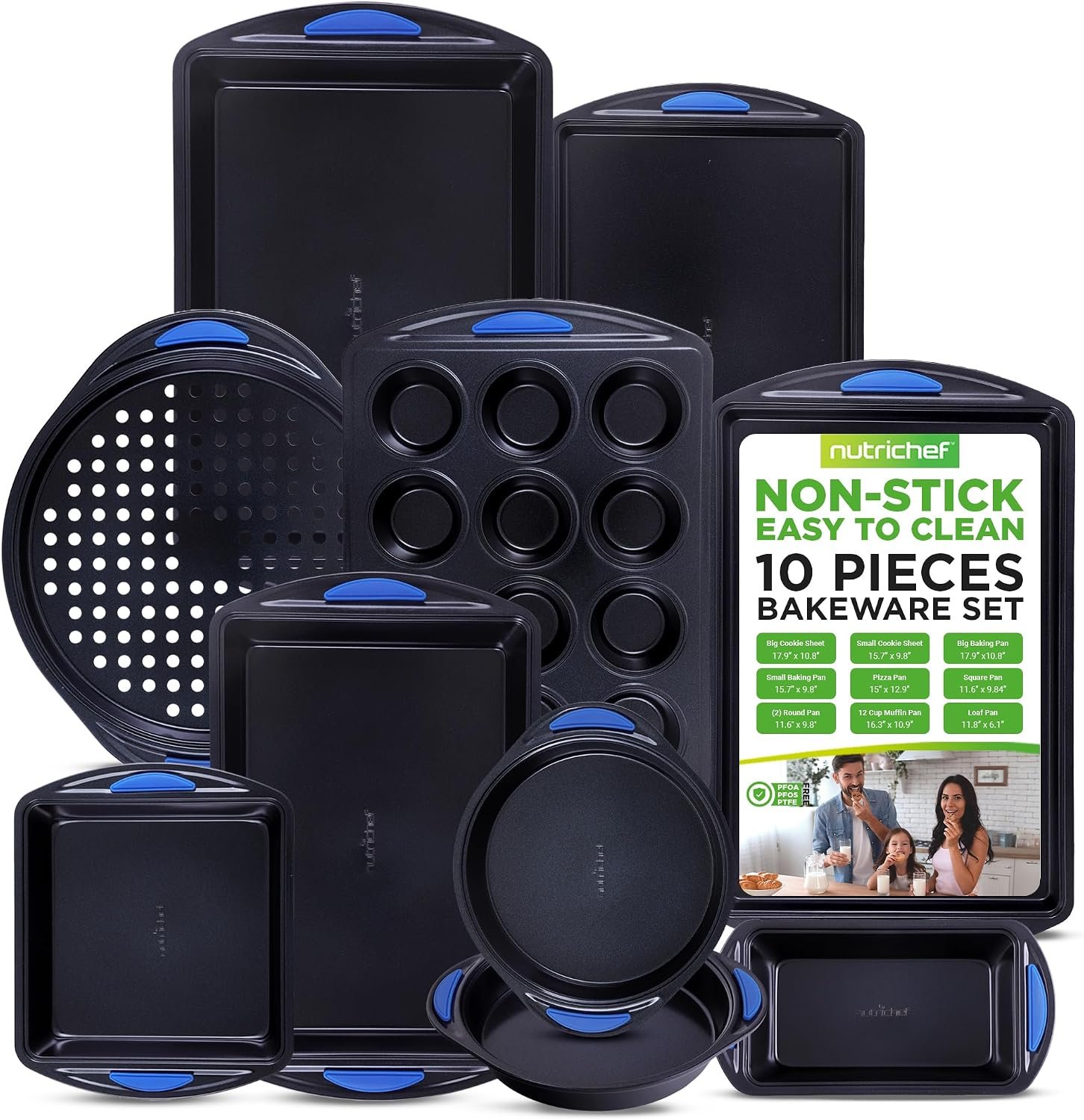 NutriChef 10-Piece Nonstick Bakeware Set – Heavy Duty Carbon Steel Baking Trays w/Silicone Handles – Includes Cookie Sheets, 12-Cup Muffin Pan, Pizza & Loaf Pan, Round & Square Pans – Easy to Clean
