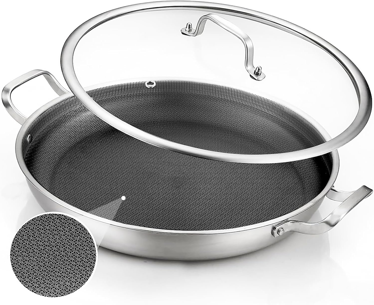 DELARLO Paella Pan 14 Inch Tri-Ply Stainless Steel Paella Pan with Lid Nonstick Frying Pan, Hybrid Induction Large Skillets,Great for Paella Parties Indoors Outdoors,Heavy Duty Style