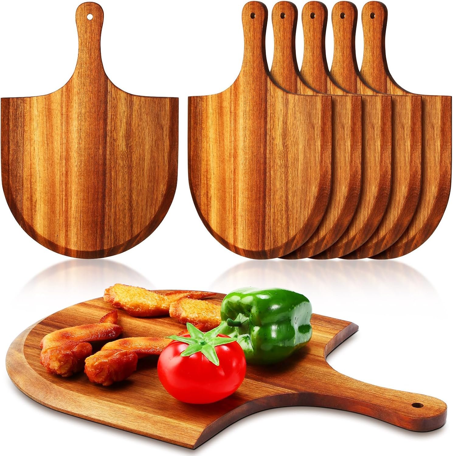 6 Pcs Acacia Wood Pizza Peel with Handles 12 Inch Wooden Spatula Paddle Round Pizza Cutting Board Cheese Serving Tray for Meat Bread Charcuterie Deli