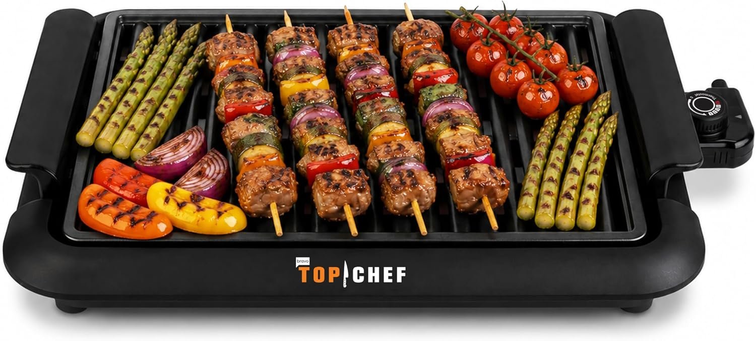 Top Chef Smokeless Indoor Grill with 15×10-Inch Nonstick Grilling Surface, Adjustable Temperature Control, 1200W Fast Heating, Detachable Drip Tray for Indoor Grilling and Easy Cleanup