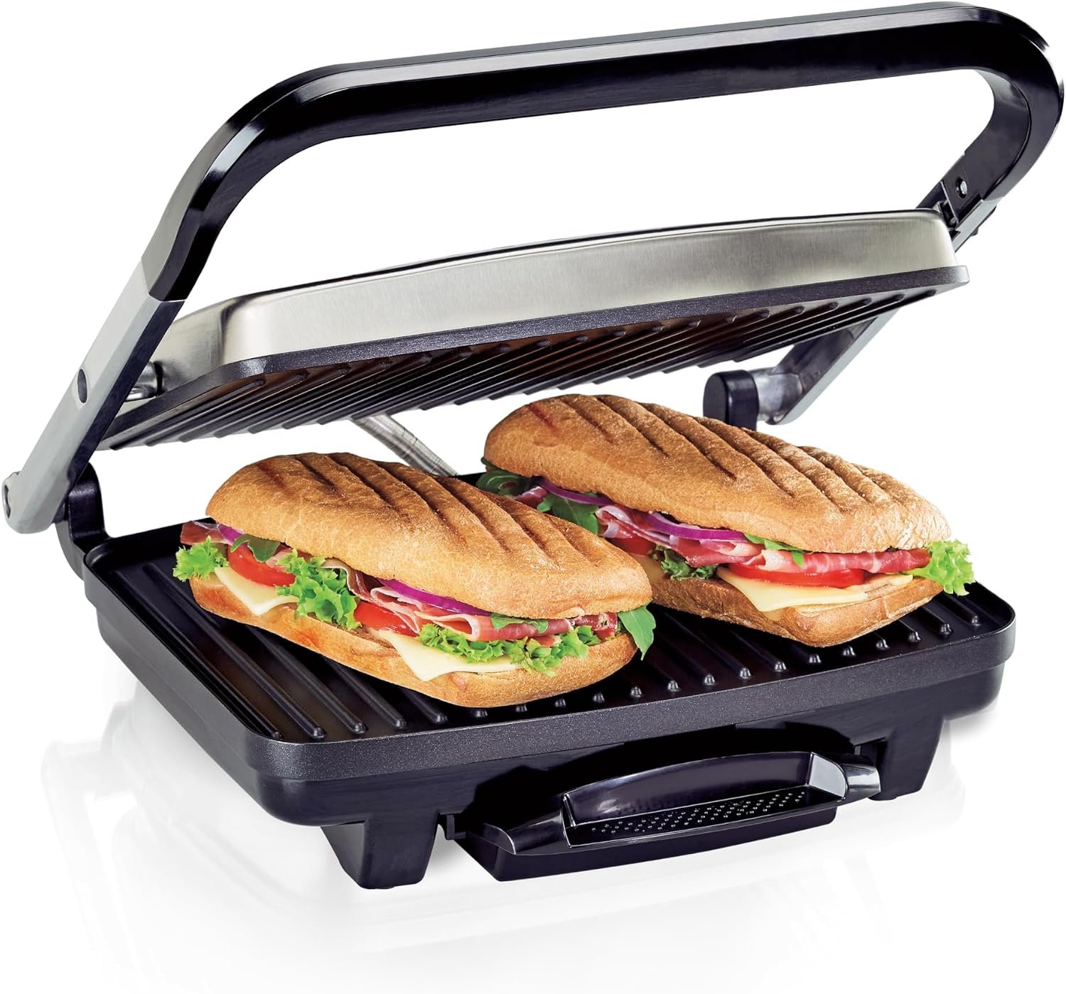 Hamilton Beach Panini Press, Sandwich Maker & Electric Indoor Grill | Floating Hinge Evenly Cooks Any Sandwich | Locking Lid | PFAS-Free Non-Stick 8″ x 10″ Grids | Stainless Steel