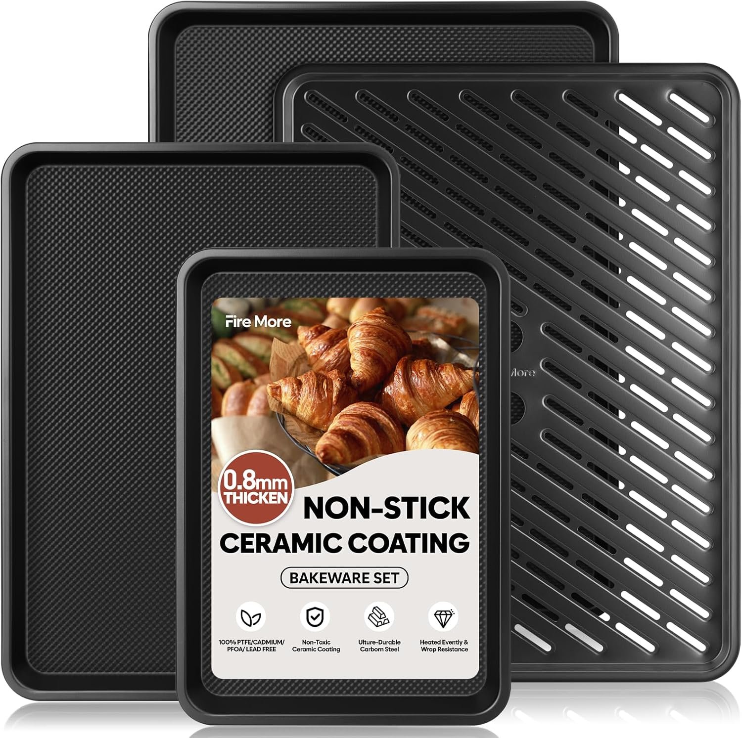 Nonstick Baking Sheet Set with Cooling Rack, 4-Piece Cookie Sheets for Baking, 0.8mm Heavy Duty Carbon Steel Oven Pans, Ceramic Coated Half Sheet, Jelly Roll Pan & Quarter Sheet, PFOA/PTFE Free