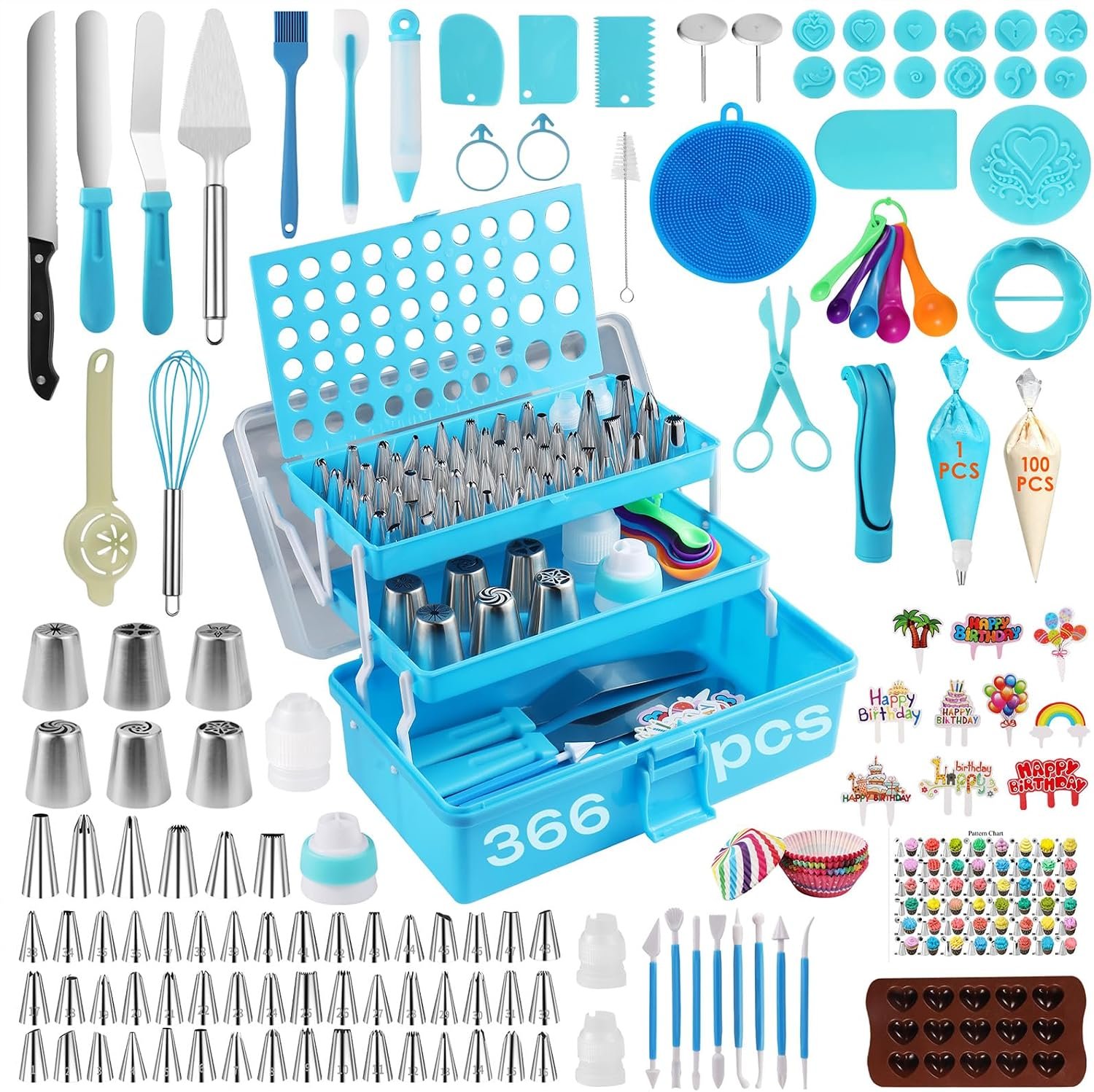 366-Piece Cake Decorating Kit, 60 Piping Tips with Storage Box | Complete set with 60 stainless steel piping tips, 100 piping bags, spatulas, scrapers, molds and a 3-tier storage box.