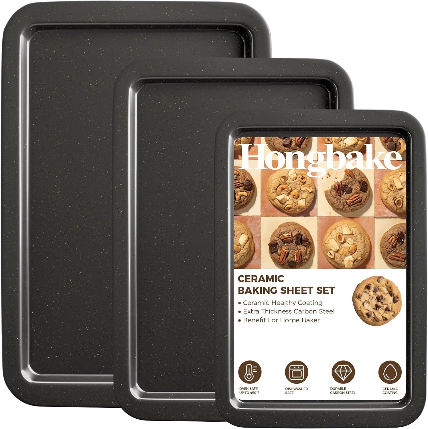 Ceramic Baking Sheet Pan Set of 3, Easy to Grab, Non-Toxic | Commercial Cookie Sheets for Oven, Nonstick Half/Jelly Roll/Quarter Baking Tray,Wider Gribs, Premium,Easy to Clean- Dark Grey