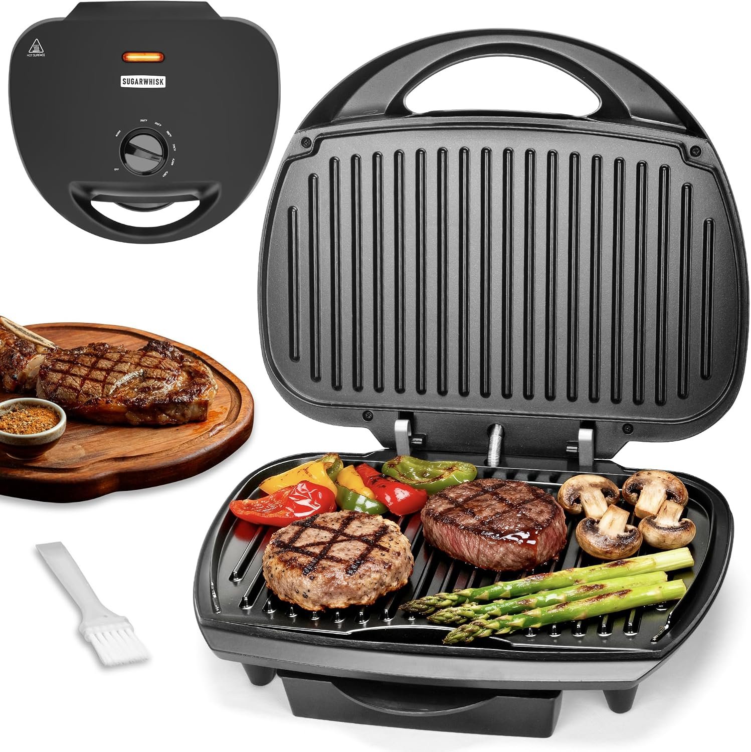 SugarWhisk Family-sized Contact Grill, 6-Serving Electric Indoor Grill with Adjustable Temp Control, Ceramic Coating, 1500W, Graphite