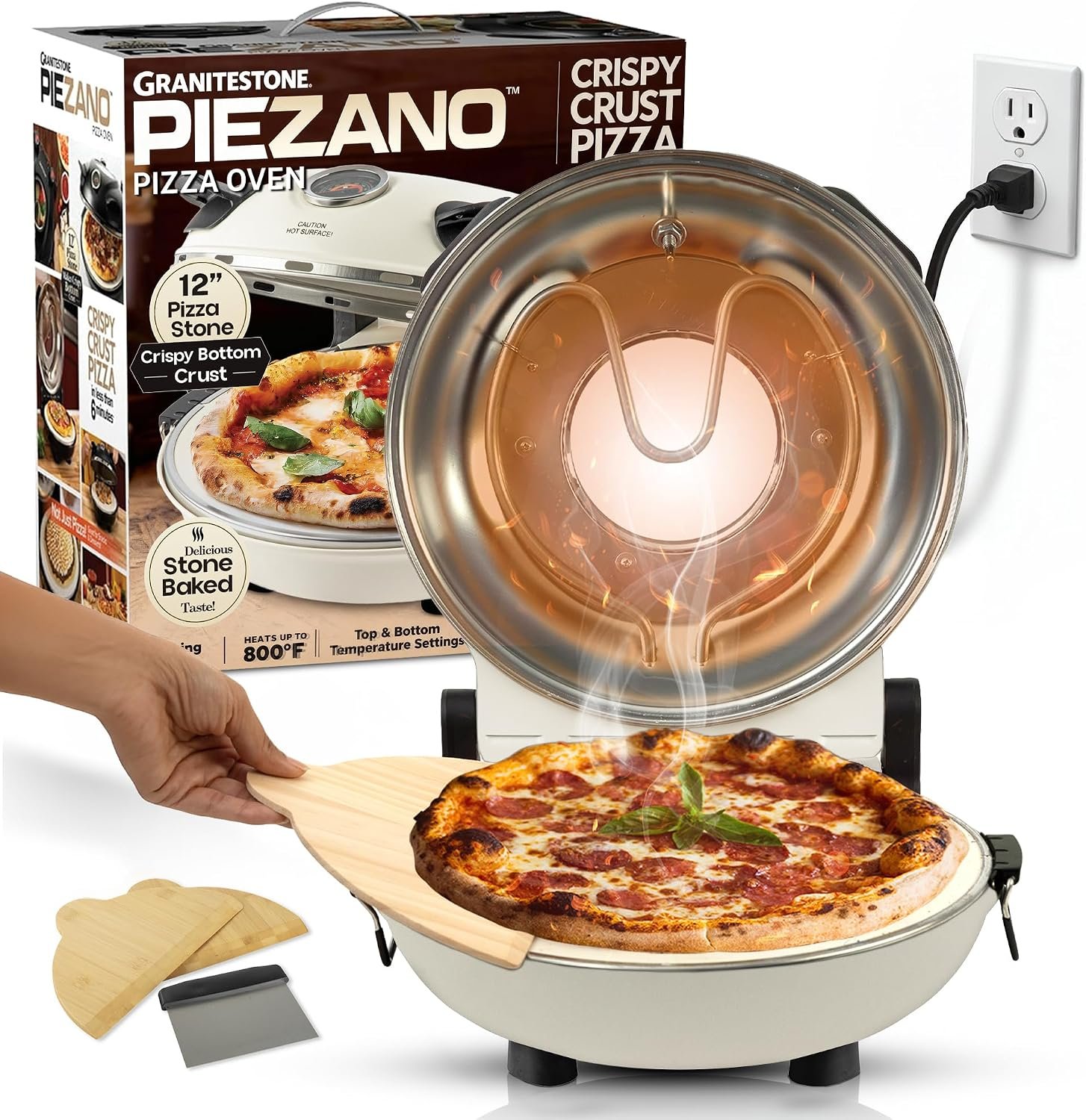 PIEZANO Crispy Crust Pizza Oven by Granitestone – 12 Inch Electric Pizza Oven Indoor Countertop Maker with Ceramic Stone Heats up to 800˚F for Delicious Stone Baked Pizzeria Style Pizza at Home | Pizza
