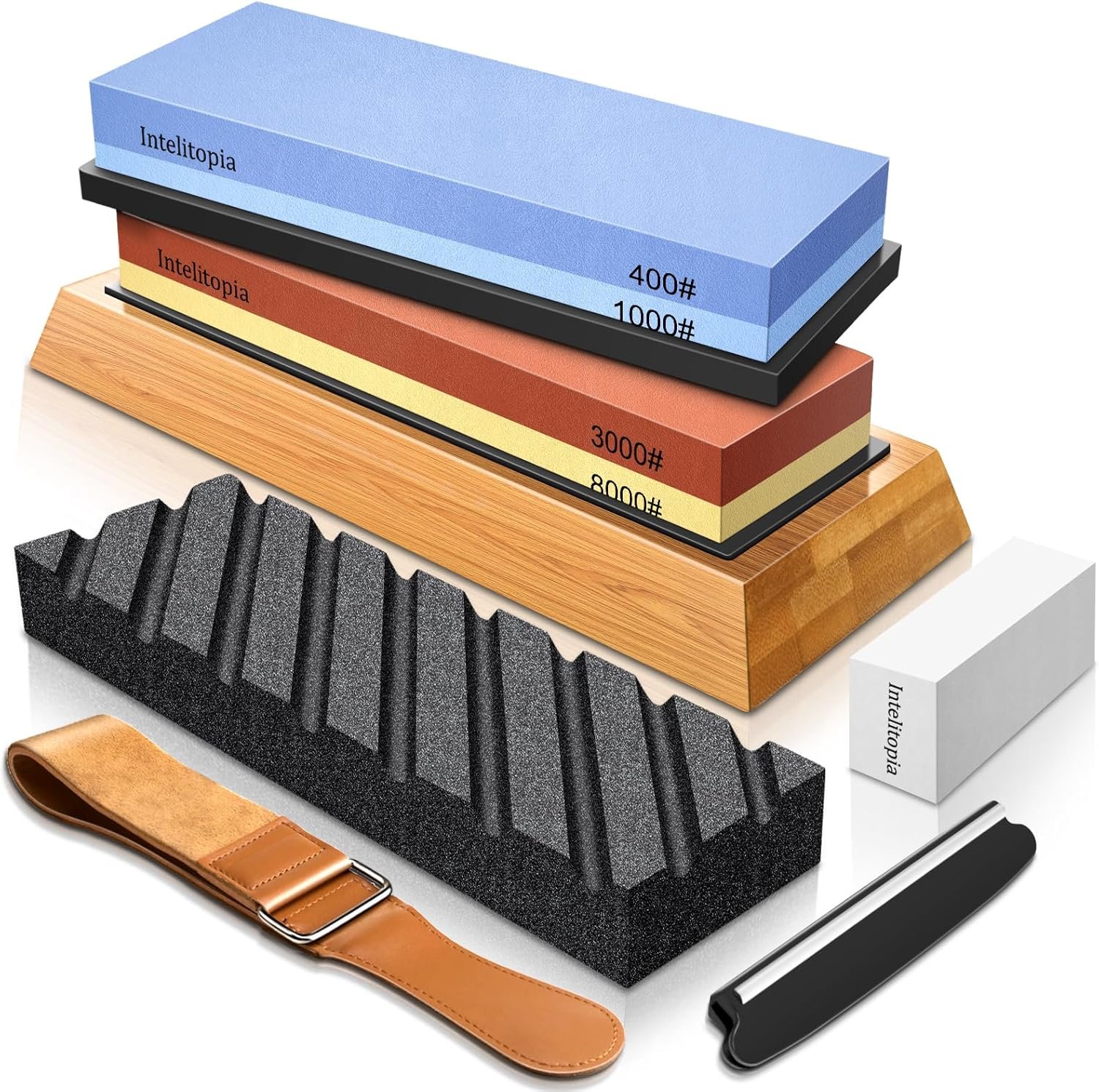 Complete Knife Sharpening Stone Set – Dual Grit Whetstone 400/1000 3000/8000 Knife Sharpener with Leather Strop, Flattening Stone, Bamboo Base, 3 Non-slip Rubber Bases & Angle Guide