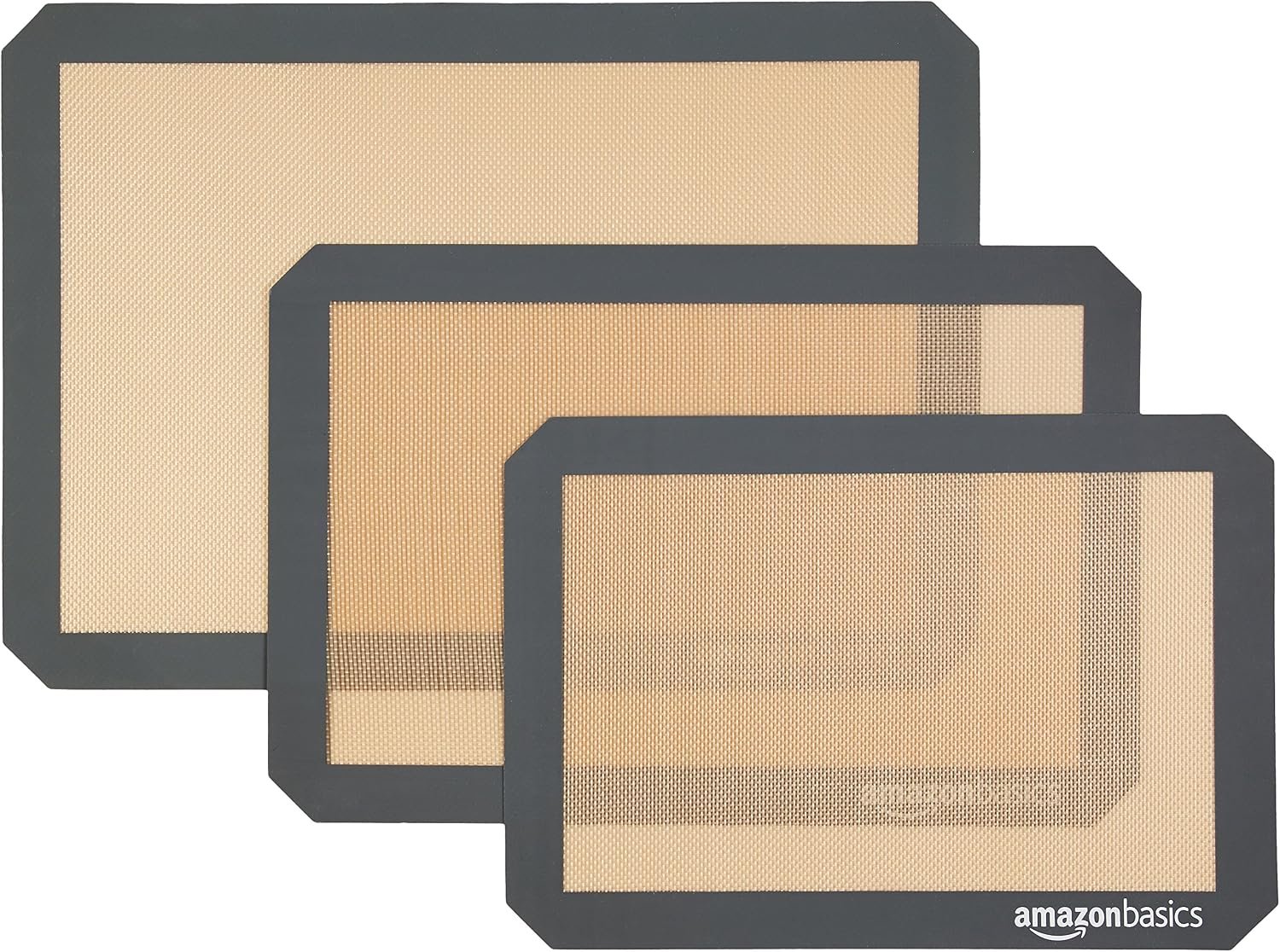 Amazon Basics Rectangular Non-Stick Silicone Baking Mat, Food Safe, Heat Resistant, 9″x13″, 9.9″x14.8″, and 16.5″x11.6″, Beige/Gray, Pack of 3