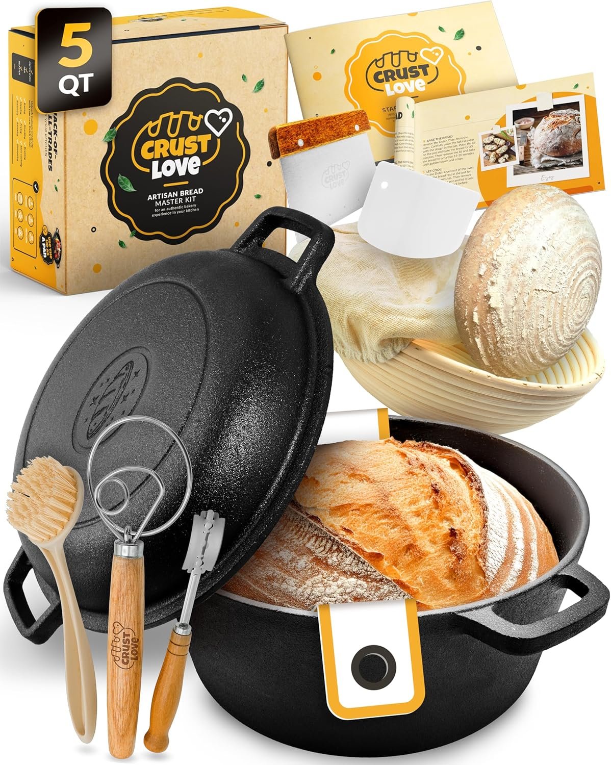 5 QT Pre-Seasoned Dutch Oven for Bread Baking with Lid and Kit | Dutch Oven for Sourdough Bread Baking and Supplies incl. Banneton, Bread Sling, Lame, Dough Whisk & Guide, Cast Iron Pot Set