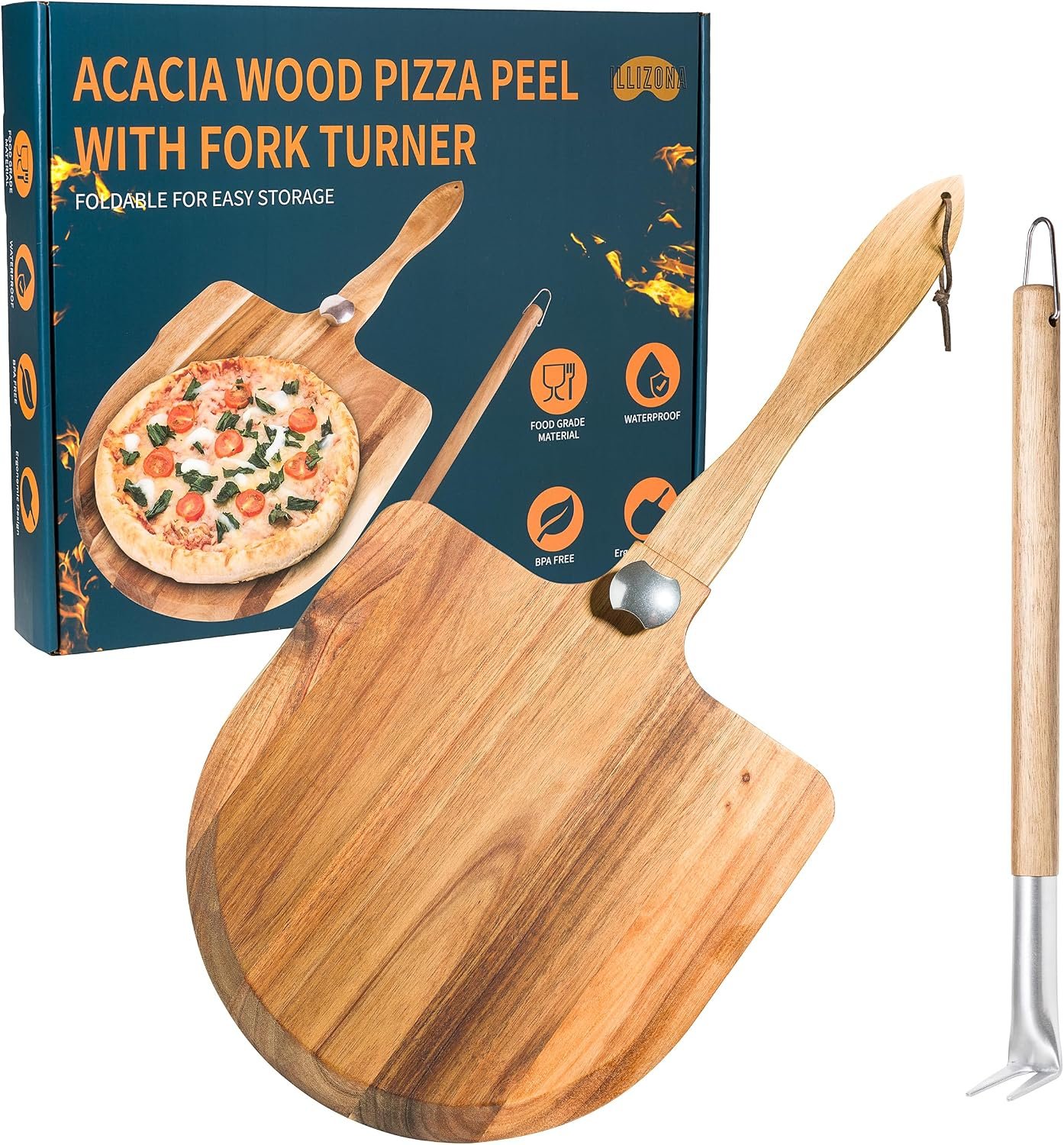 Acacia Wood Pizza Peel & Wooden Paddle Set – Folding Handle Pizza Board with 18″ Turning Fork, Pizza Oven Tools & Accessories for Homemade Pizza, Bread & Baking, Gifts for Pizza Lovers