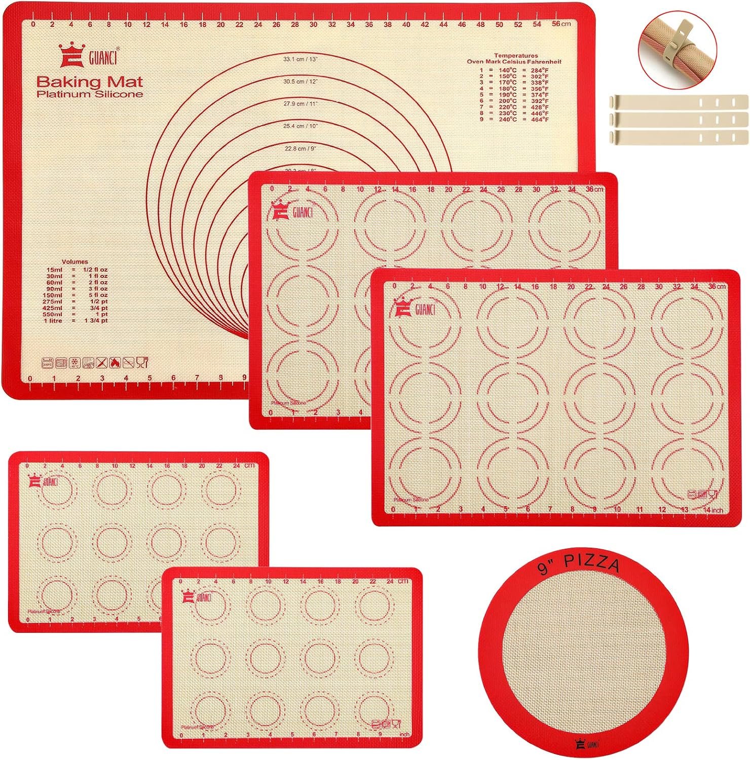 Silicone Baking Mat Set of 6, Includes 25″x17.5″ Large, 2 Medium 16.5″x11.6″, 2 Small 11.75″x8.25″, 9″ Round, All Mats 0.70mm Thick, Non-Stick Reusable Baking Mats for Pizza, Cookie, Bread