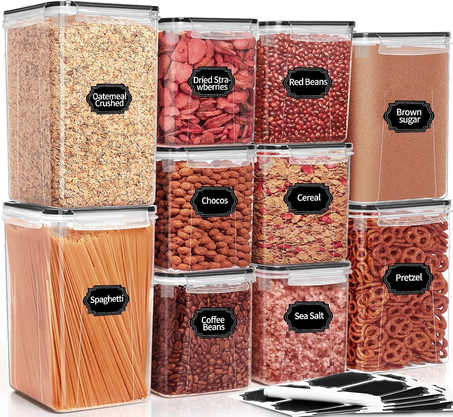 PRAKI 10 PCS Flour Sugar Storage Containers for Organizers and Storage | BPA Free, Airtight Food Storage Containers with Lids for Sugar, Flour, Baking Supplies, Versatile Kitchen Containers, Black