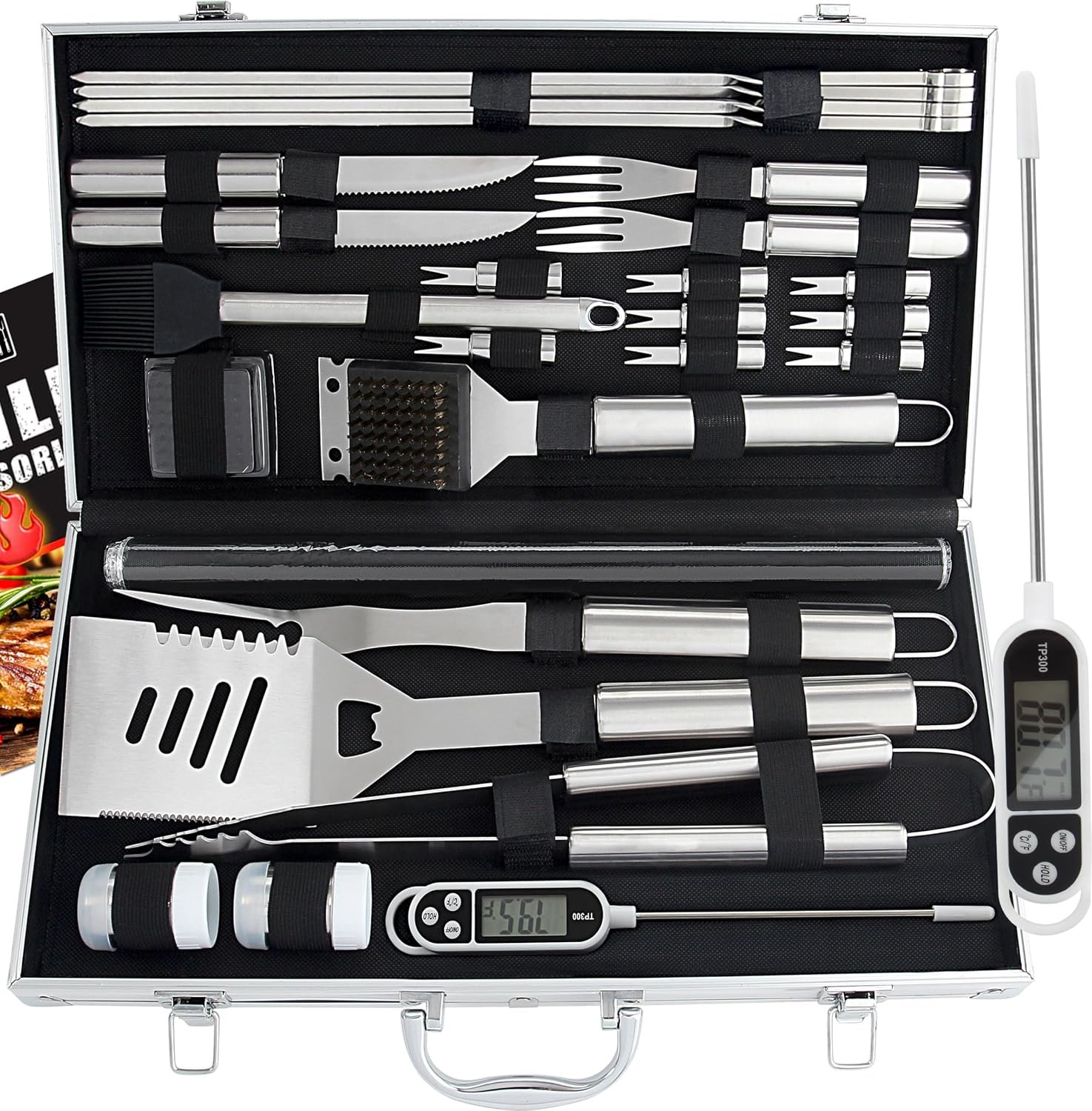 ROMANTICIST 28pcs BBQ Accessories Set with Thermometer – The Very Best Grill Gift on Birthday Wedding – Heavy Duty Stainless Steel Grill Set in Case for Outdoor Cooking Camping Grilling Smoking