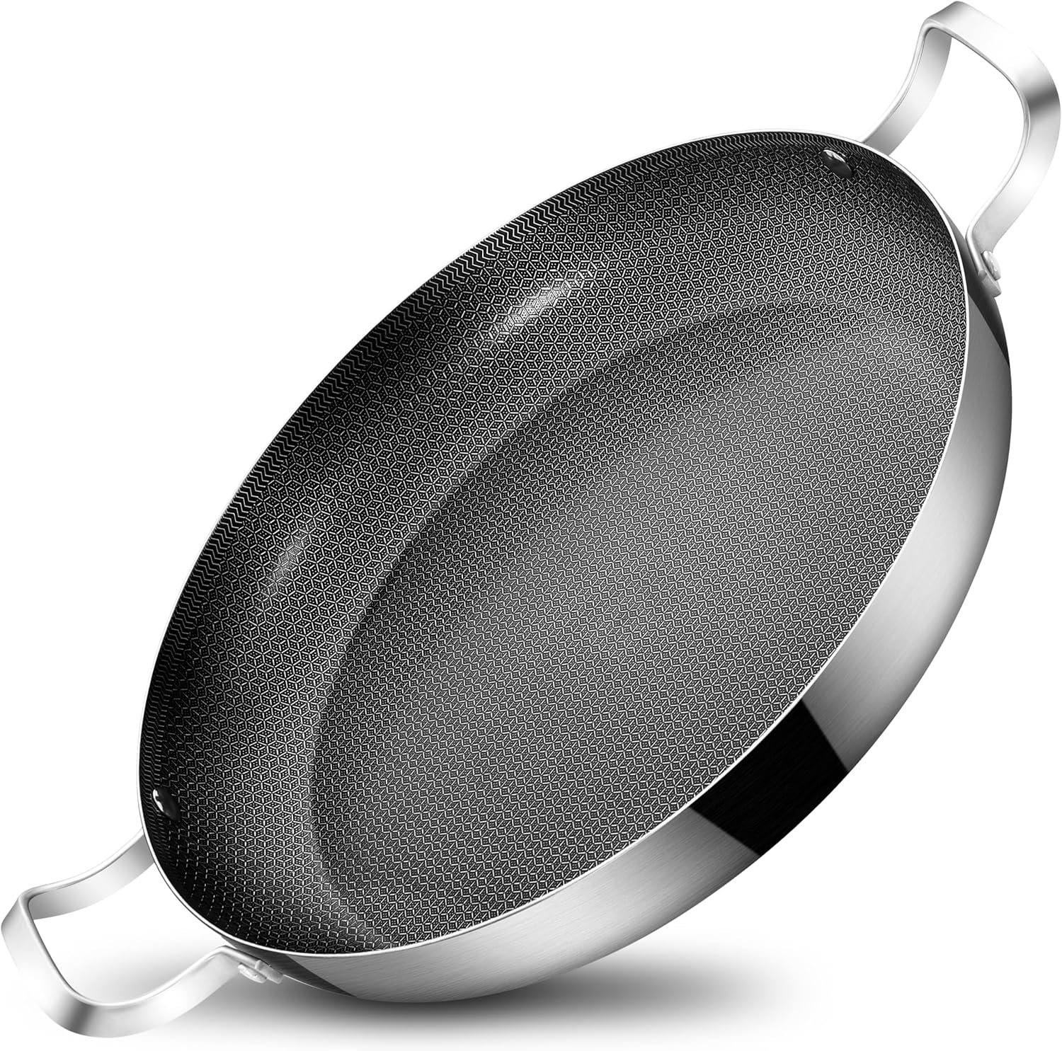 14 Inch Stainless Steel Paella Pan, Nonstick Ceramic Coating | Large Skillet Induction Compatible | For Spanish Rice, Seafood Paella, Authentic Paella, Socarrat | Oven Safe | 5-8 Servings