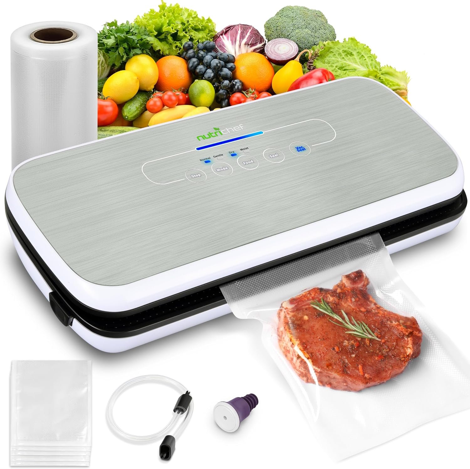 NutriChef Food Vacuum Sealer Machine – Automatic Air Sealing System for Dry & Moist Foods, LED Touch Controls, Includes Vacuum Bags, Hose & Wine Stopper, High Suction Power, 14″x6″x3″, Silver