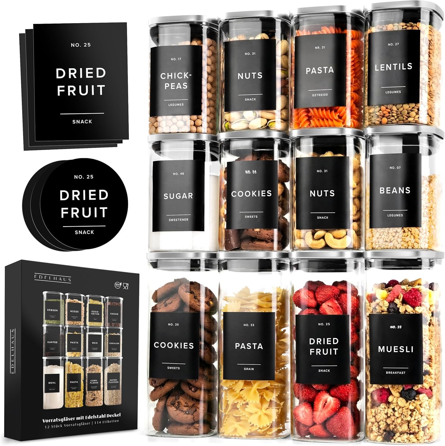 Square Glass Storage Containers with Stainless Steel Lids 12-Pack (4x 30 oz, 8x 17 oz) Glass Storage Jars with Lids for Food, Stackable Glass Kitchen Canisters with 114 Labels for Pantry