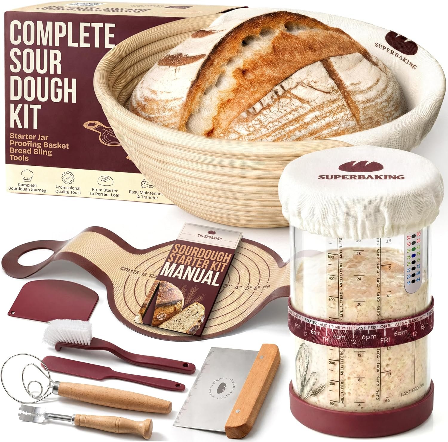 Superbaking Sourdough Starter Kit: 9″ Banneton Basket, Silicone Sling & Jar | Non-Stick Silicone Dough Sling, Glass Starter Jar Kit, Splinter-Free, Sourdough Bread Baking Supplies