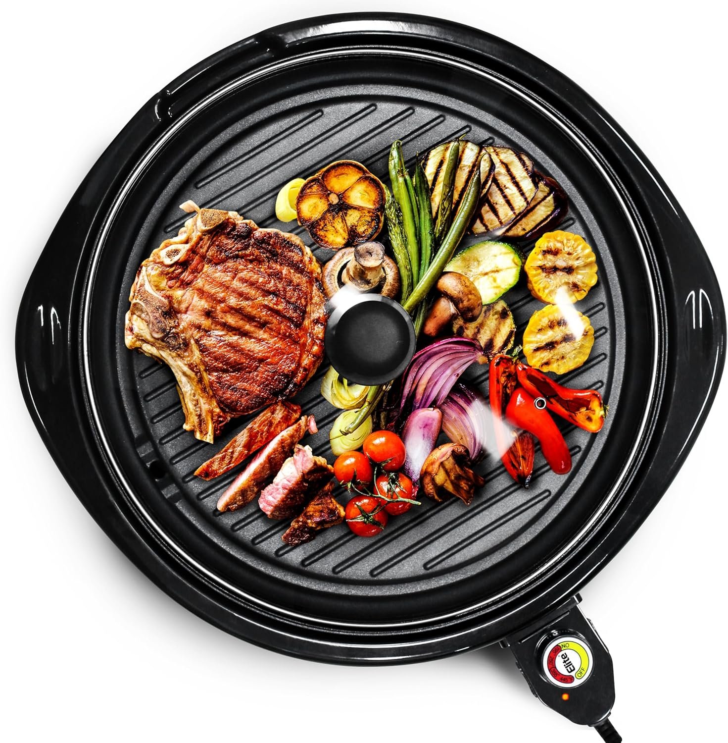 Elite Gourmet EMG-980BX Indoor Electric Round Grill, Non-Stick, 14″ Black | Cool-touch handles, fast heat-up, dishwasher-safe with glass lid – great for low-fat meals, easy cleanup