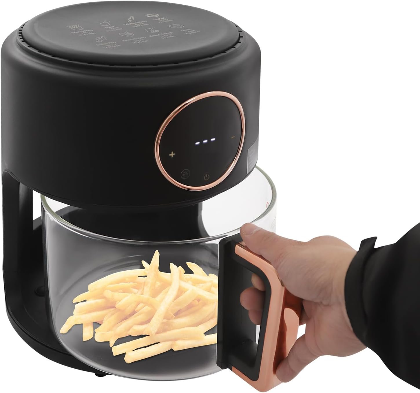 3.81QT Air Fryer, Mini 1200W Touch Screen Air Fryer, 360° Viewable Glass Non Toxic, Digital Display, Adjustable Temp 176℉-392℉, Nonstick, Dishwasher Safe, Black