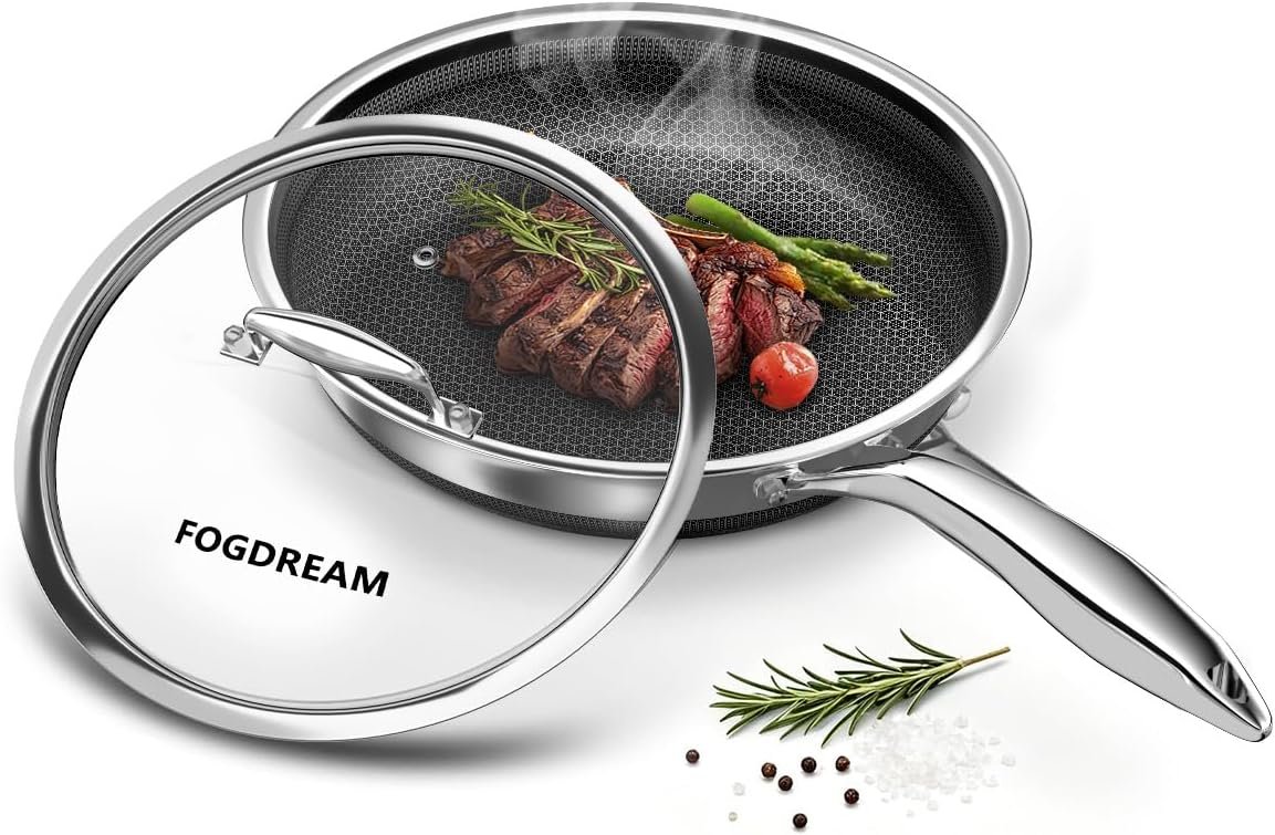 FogDream 10 Inch Nonstick Frying Pan with Lid, Honeycomb Hybrid Stainless Steel Skillet, Tri-Ply Induction Compatible, Non Toxic Frying Pan, Oven Safe, Dishwasher Safe, Silver