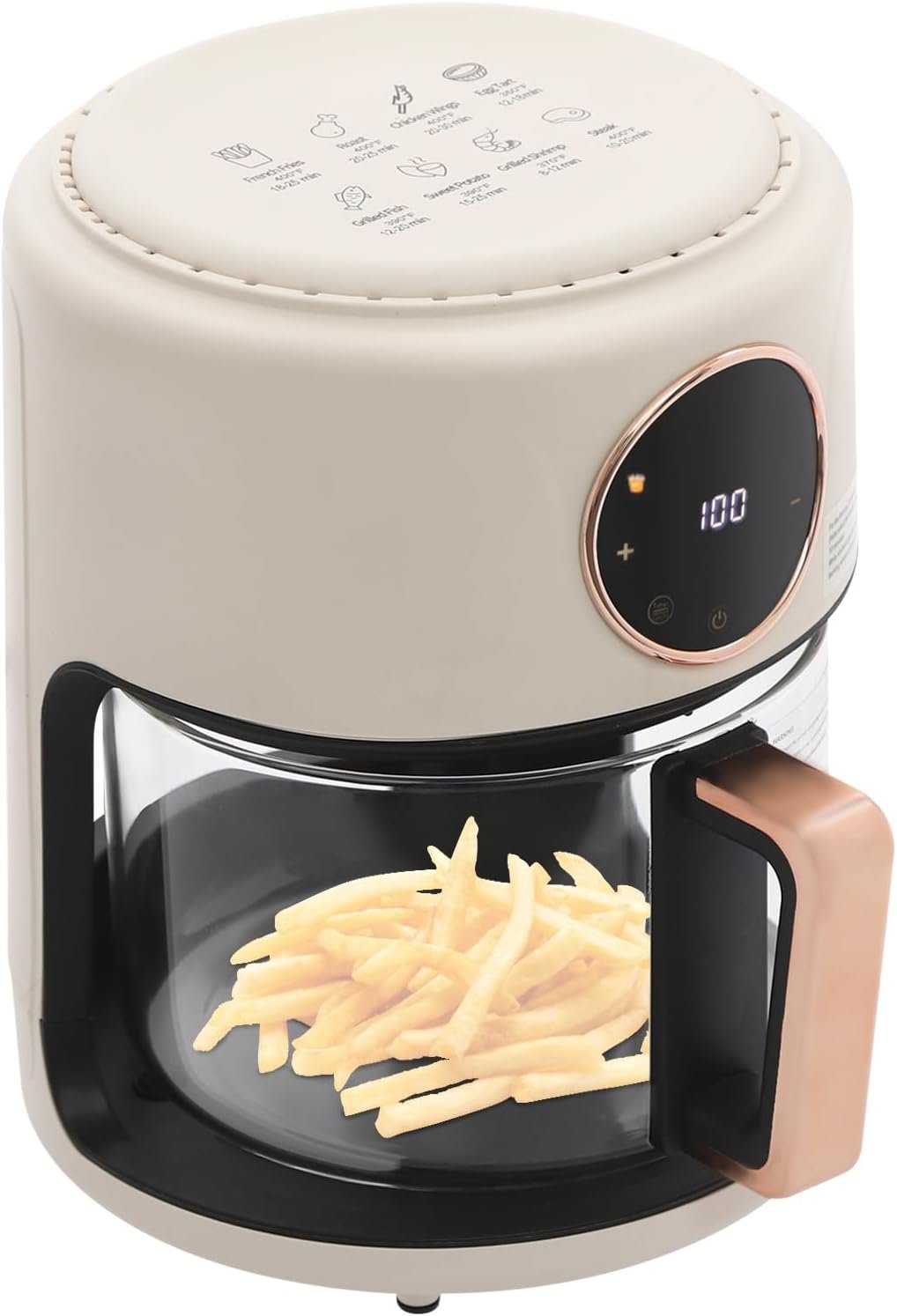 Mini Air Fryer, 3.8Qt Glass Air Fryer, 360° Viewable Touch Screen with Digital Display Adjustable Temperature Works Cookware French Fries Chicken Legs (White)