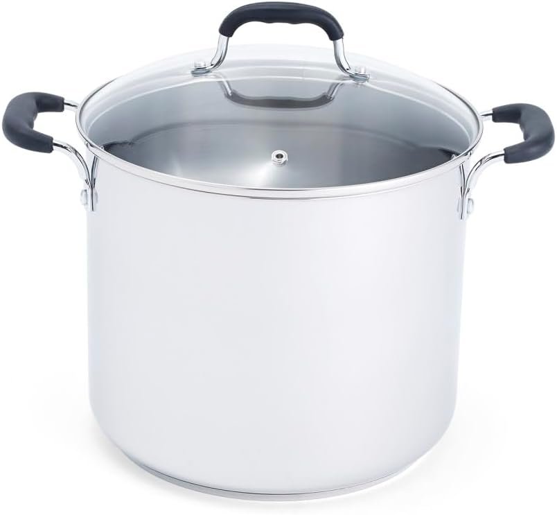 T-fal Specialty Stainless Steel 12 qt Stock Pot with Lid, Induction | 3-ply aluminum core, Silicone handles, Tempered glass vented lid, Oven safe to 350 deg F, Boiling, braising, and soup cooking