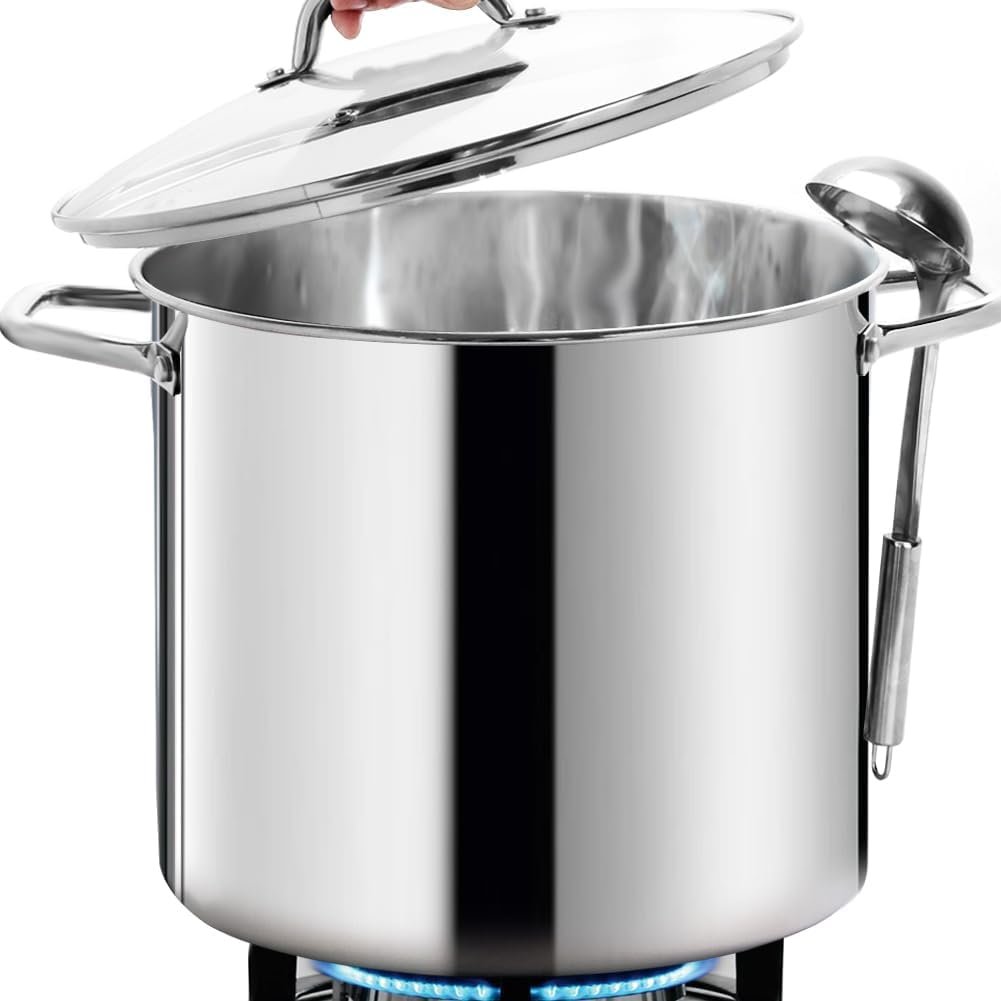 HOMICHEF LARGE STOCK POT 24 Quart With Lid – Nickel Free Stainless Steel Cookware Stockpot 24 Quart – Healthy Cookware Polished Stockpots – Heavy Duty Induction Pot Soup Pot With Lid