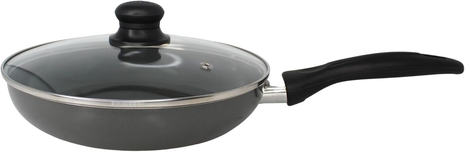 IMUSA 9.5 Inch Chef Cera Aluminum Ceramic Fry Pan with Glass Lid, Gray | Ceramic Nonstick Coating, Glass Lid with Cool-Touch Handle, For Sautéing, Stir-Frying, Everyday Cooking