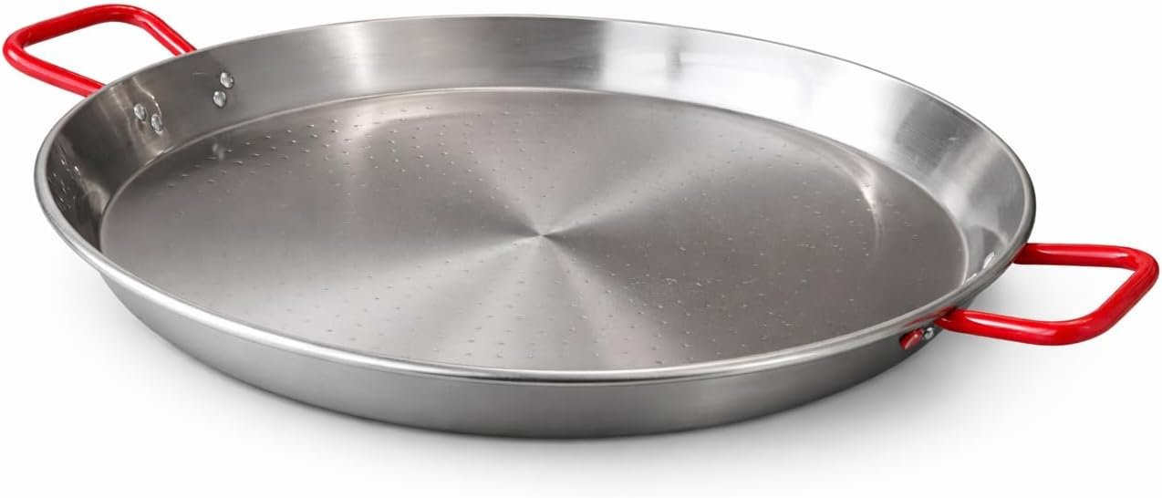 24″ Carbon Steel Paella Pan with Dimpled Surface and Dual Loop Handles, 60 cm Polished Steel, Oven Safe, Lightweight, For Traditional Paella, Outdoor Cooking & Large Groups