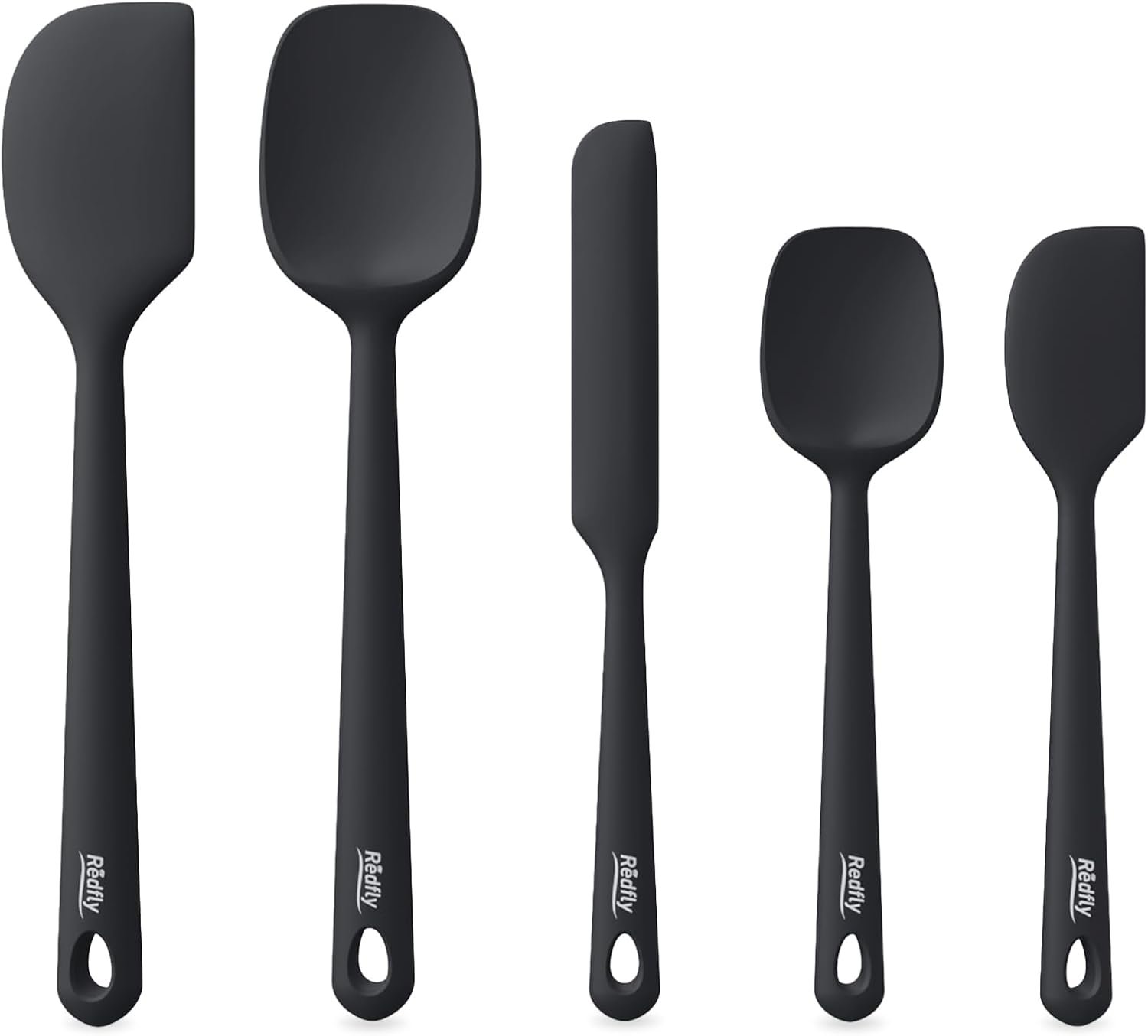 Redfly 5-Piece Food-Grade Silicone Spatula Set for Baking, Heat-Resistant | Dishwasher safe, nonstick surface, for cooking and kitchen use, black color, flexible rubber spatulas, 5 kitchen tools