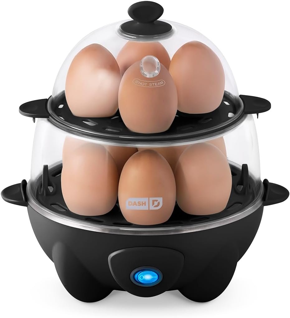 Dash Deluxe Egg Cooker, 12 Hard Boiled Eggs, Black | Electric Double Decker Egg Poacher, Steamer & Omelette Maker Machine, Soft or Poached Eggs, Auto Shut-Off, BPA-Free