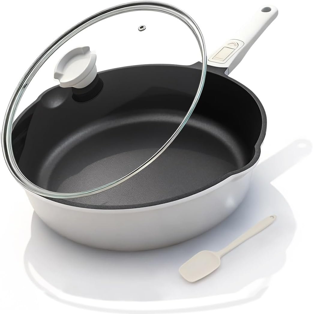 10 Inch Deep Frying Pan Skillet with Lid, Saute Pan Nonstick,White | 4 QT Cooking Pan with Detachable Handle, Suitable for All Stoves Including induction, Oven Safe, Non-Toxic PFOA Free