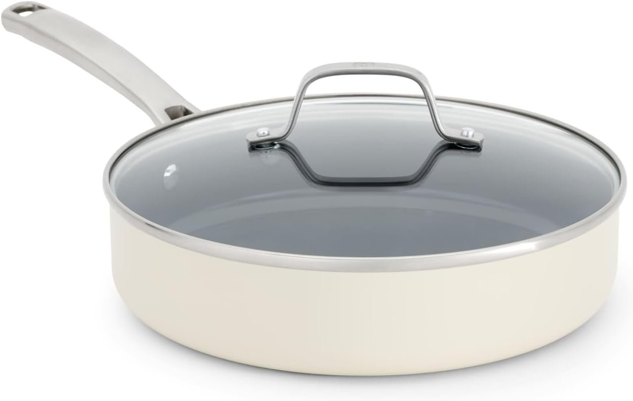 Calphalon Ceramic Nonstick 3 Quart Saute Pan with Lid, Easy Cleanup Ceramic Pan for Sauteing, Searing, PFAS-Free Cookware, Dishwasher Safe, Metal Utensil Safe, Flour