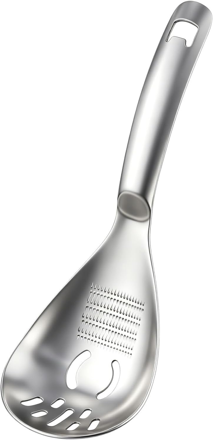 Multifunctional 5-in-1 Cooking Spoon, 18/8 304 Stainless Steel Kitchen Tool for Potato Masher, Egg Separator, Bottle Opener and Mixing Stirrer